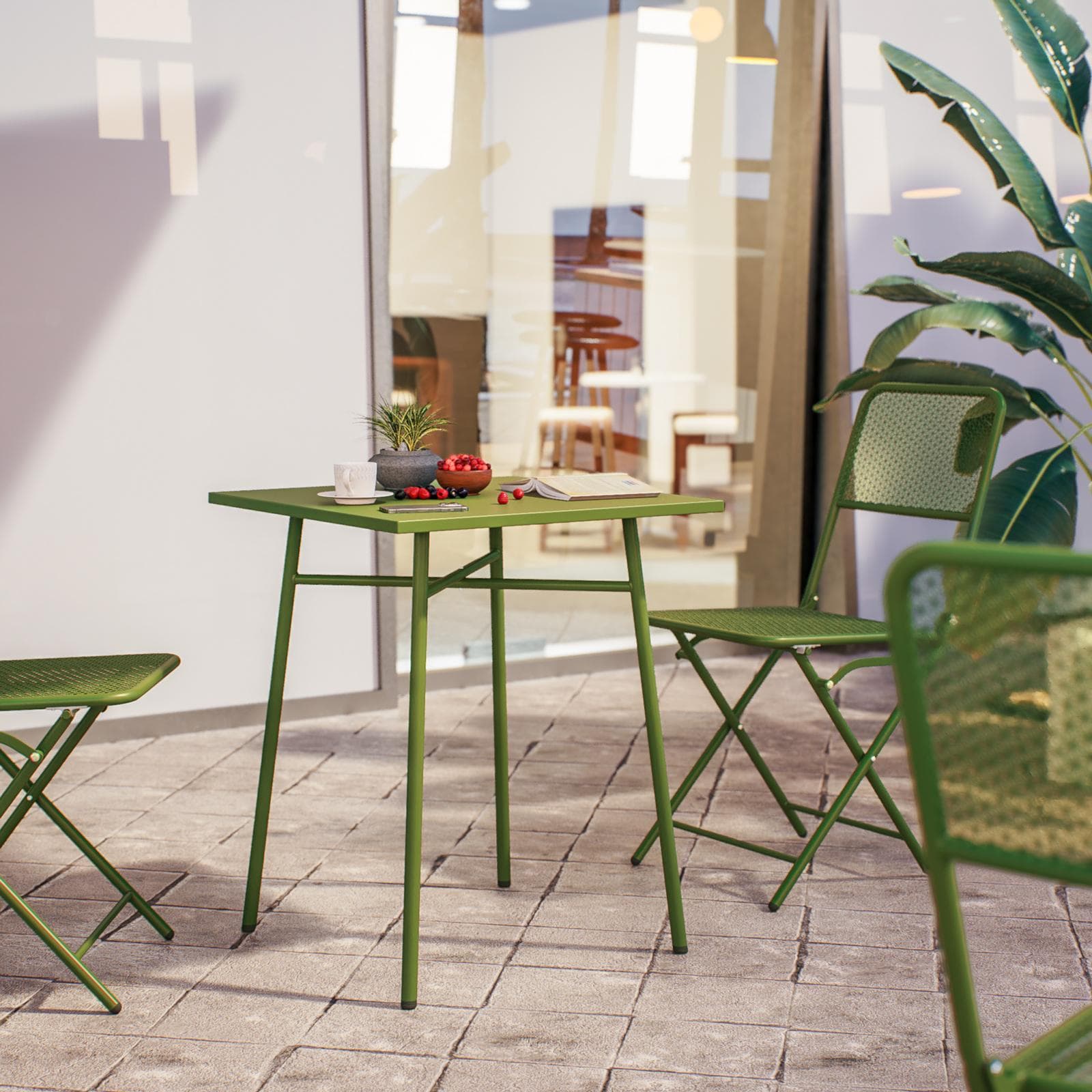 Set bistrot tavolo 60x60 e 2 sedie pieghevoli in acciaio verde oliva - Faber