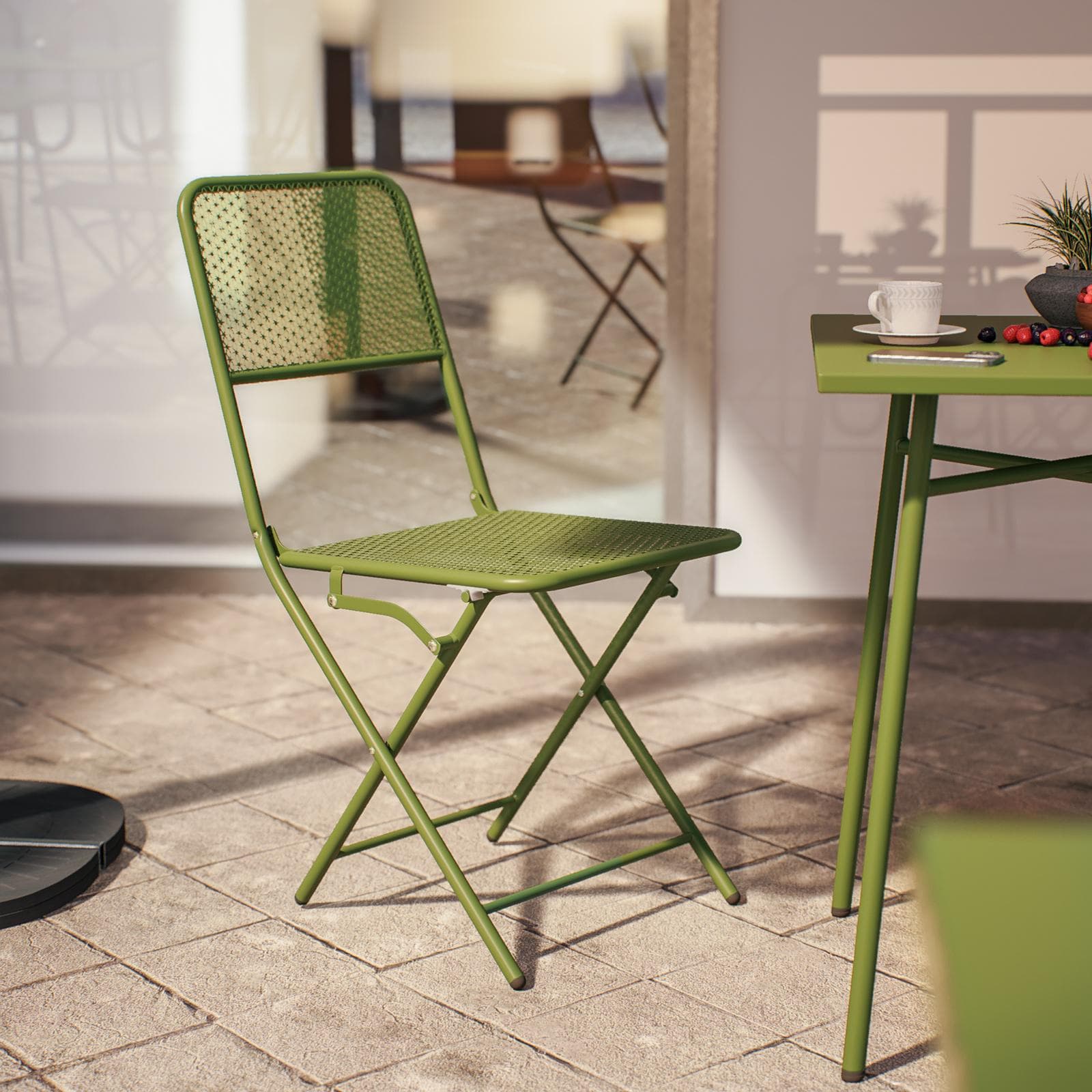 Set bistrot tavolo 60x60 e 2 sedie pieghevoli in acciaio verde oliva - Faber