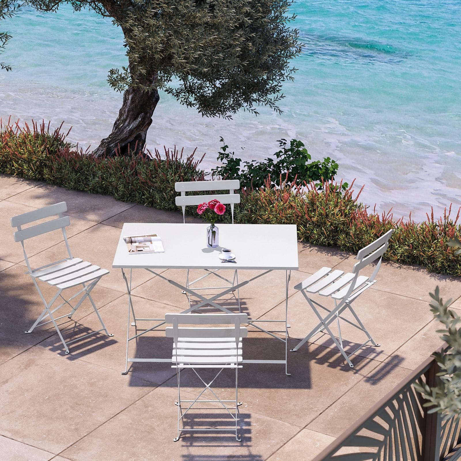 Set pranzo pieghevole tavolo 110x70 cm e 4 sedie in metallo bianco - Atelier
