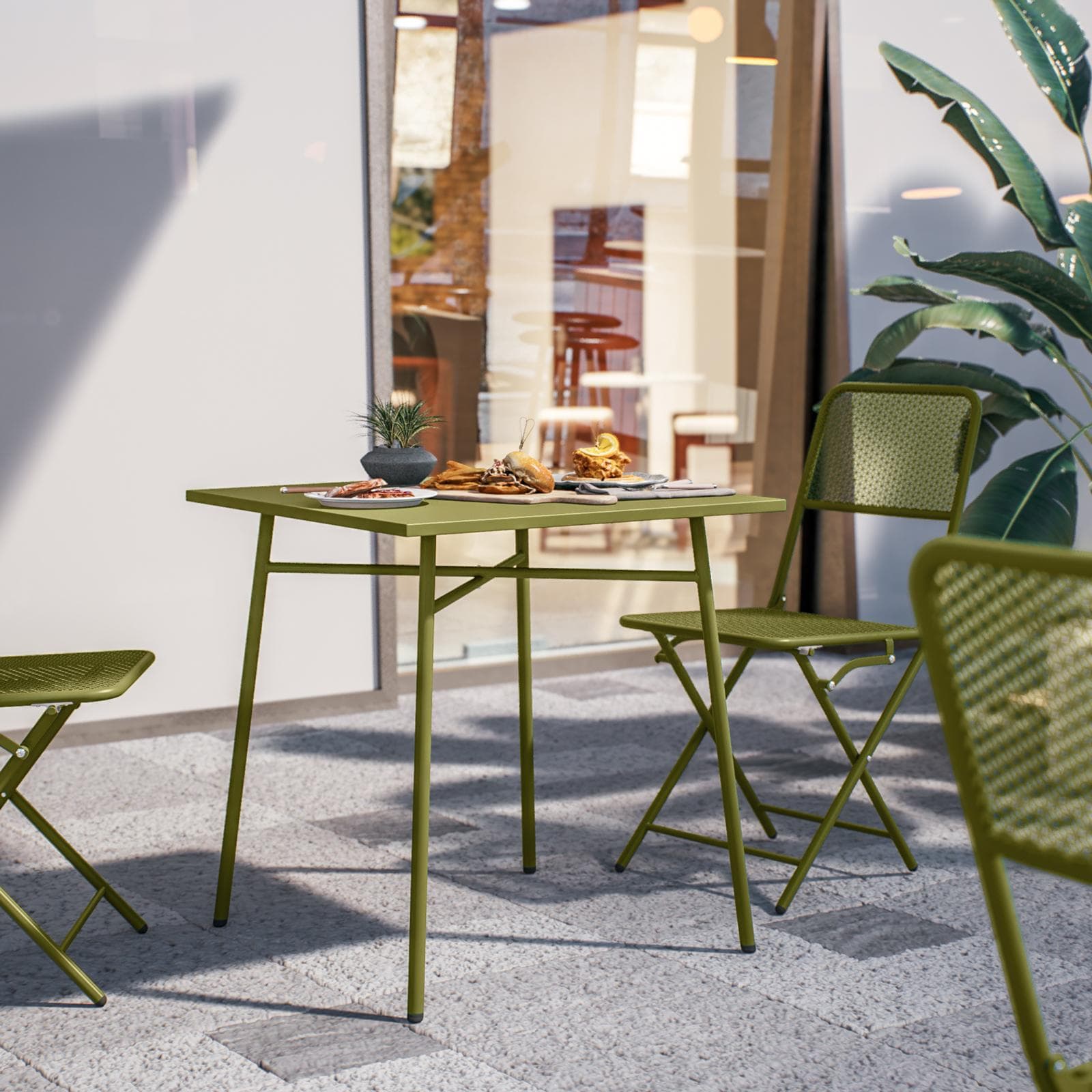 Set bistrot tavolo 70x70 cm e 2 sedie pieghevoli in acciaio verde oliva - Faber
