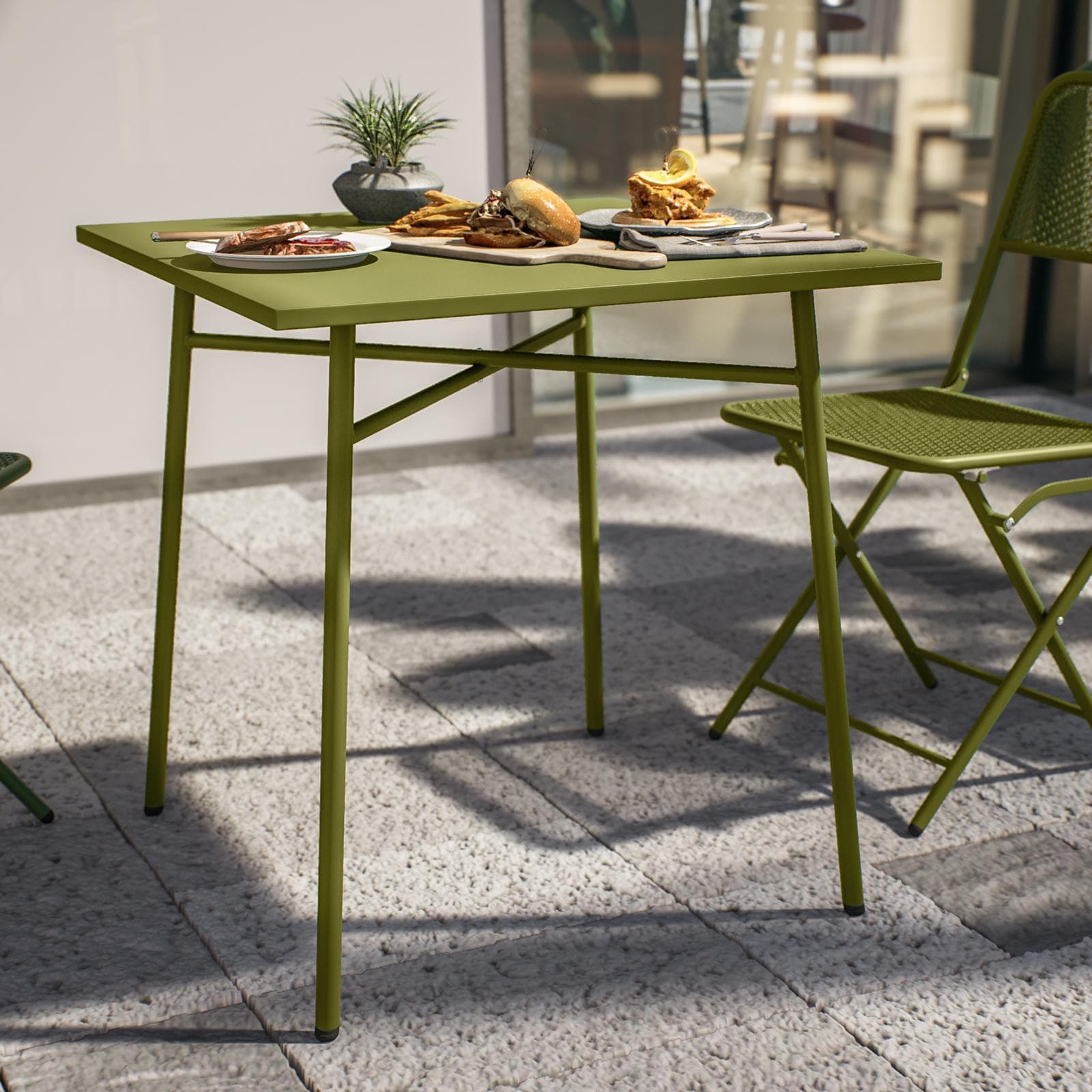 Set bistrot tavolo 70x70 cm e 2 sedie pieghevoli in acciaio verde oliva - Faber
