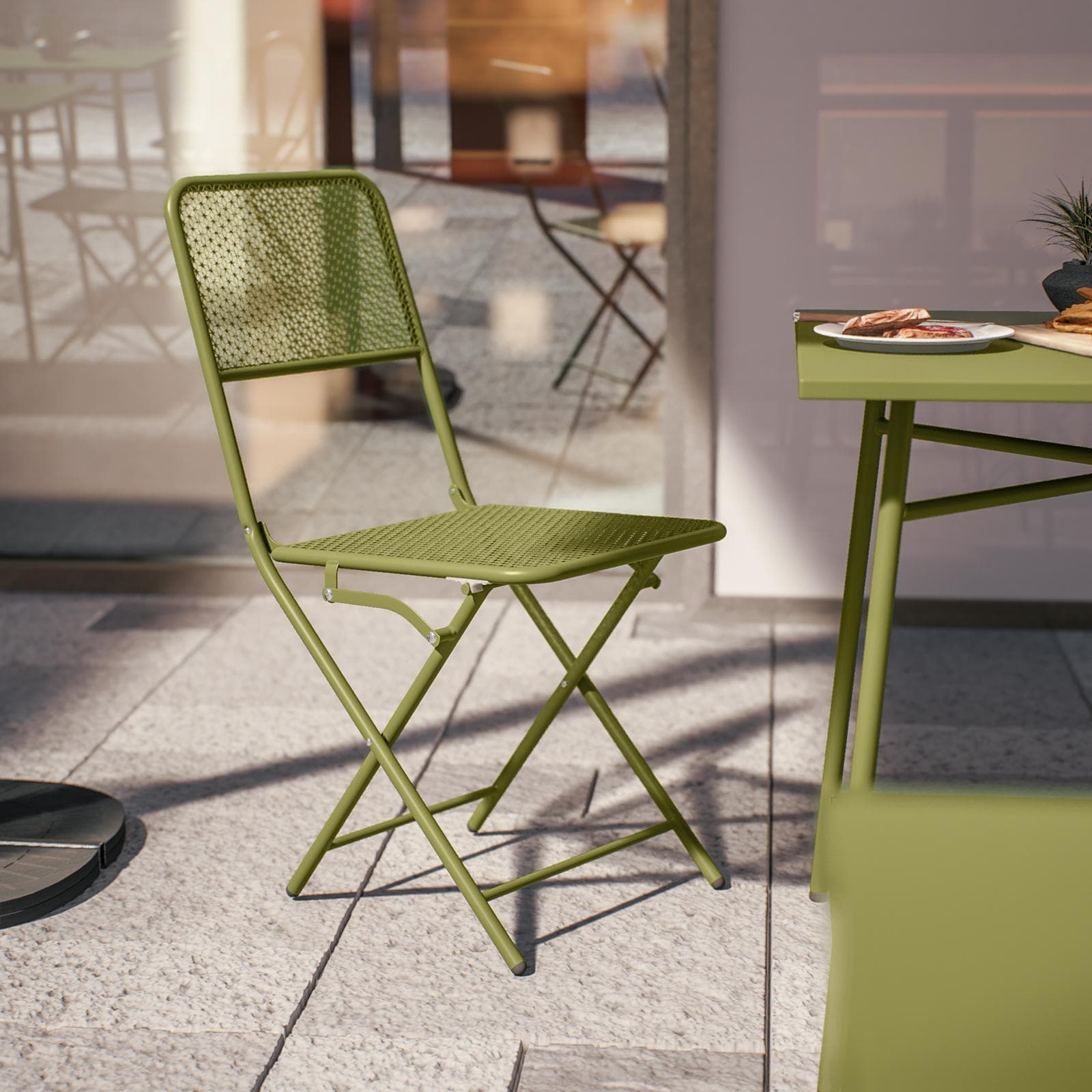 Set bistrot tavolo 70x70 cm e 2 sedie pieghevoli in acciaio verde oliva - Faber