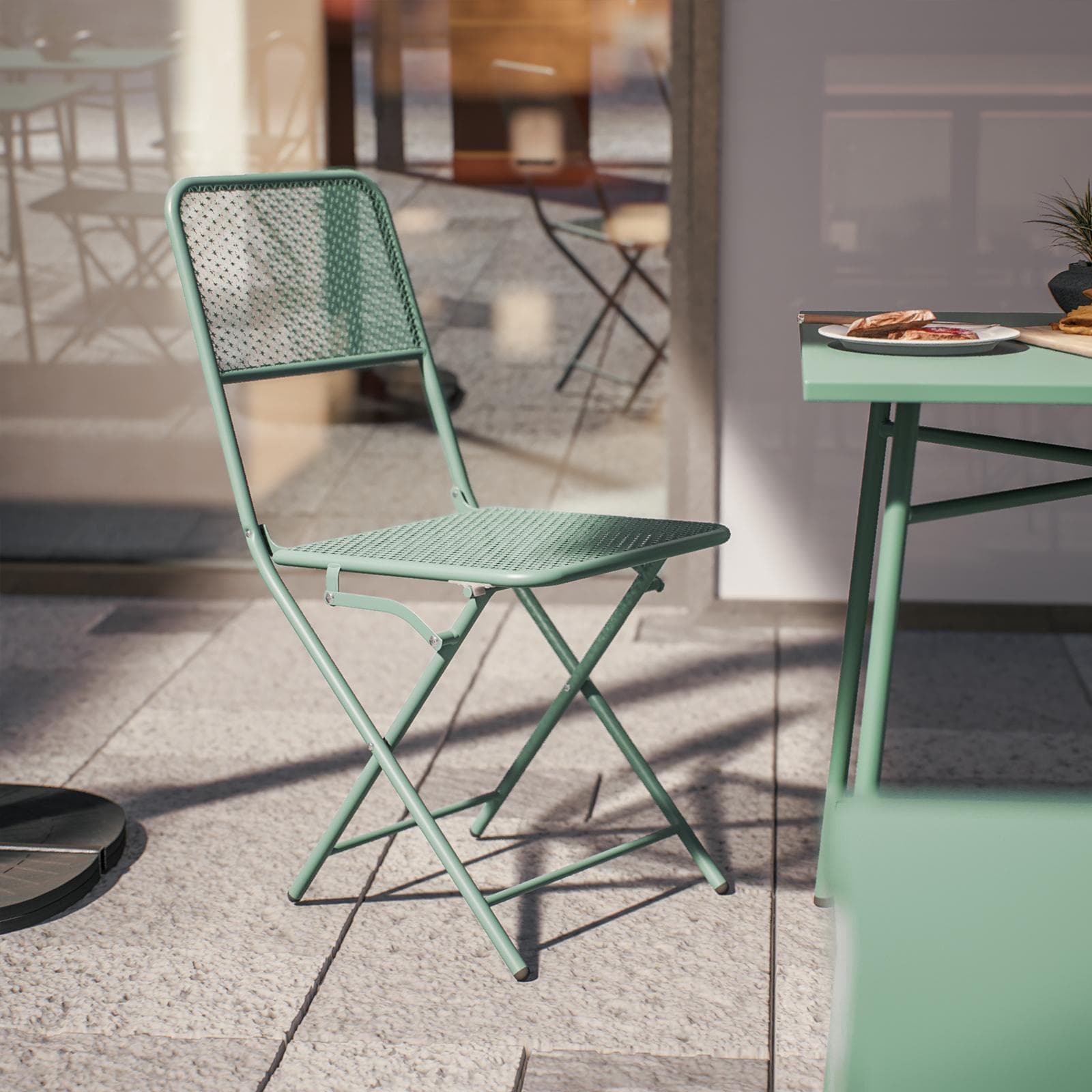 Set bistrot tavolo 70x70 cm e 2 sedie pieghevoli in acciaio verde marino - Faber