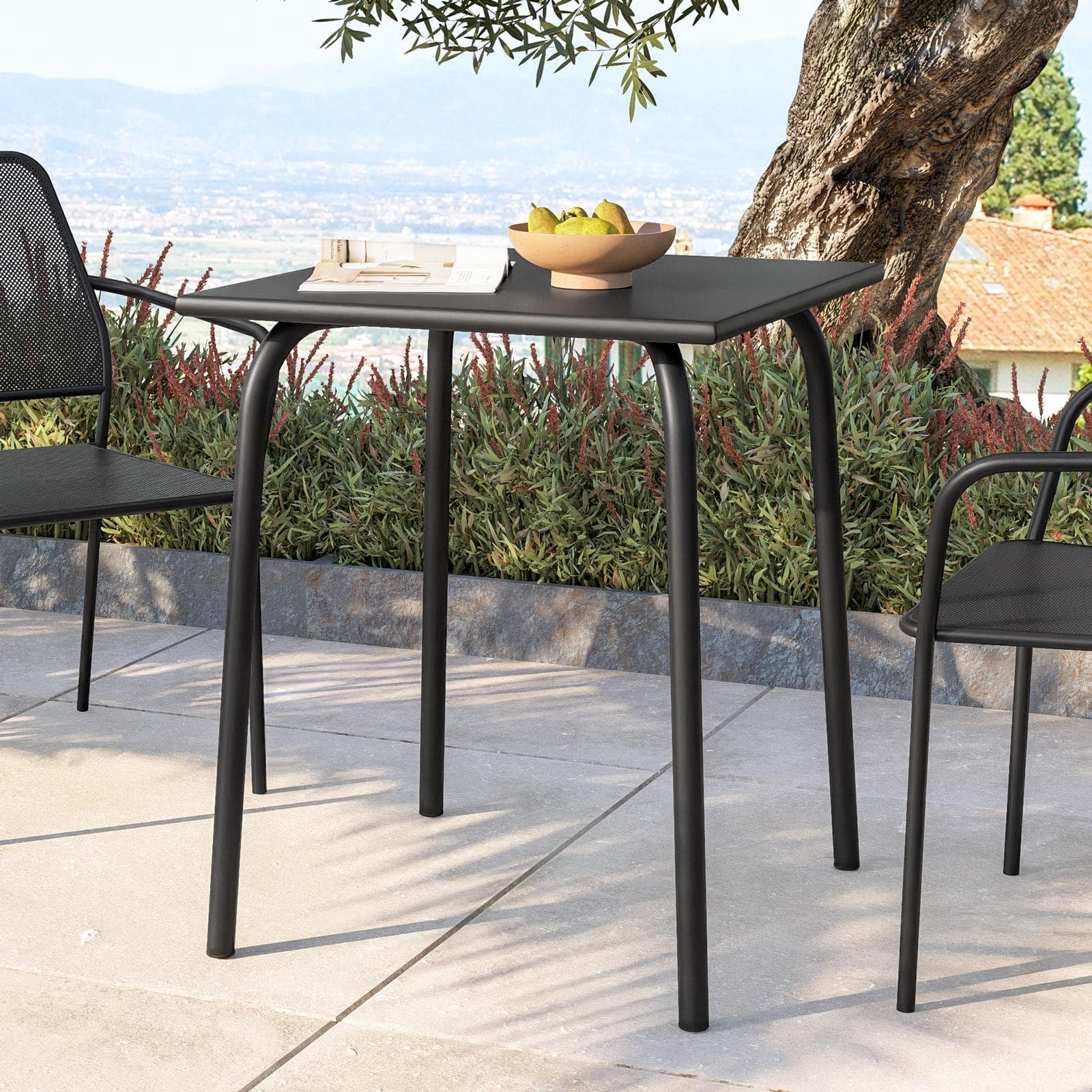 Set bistrot tavolo 70x70 cm e 2 sedie con braccioli squadrate in metallo nero - Dama