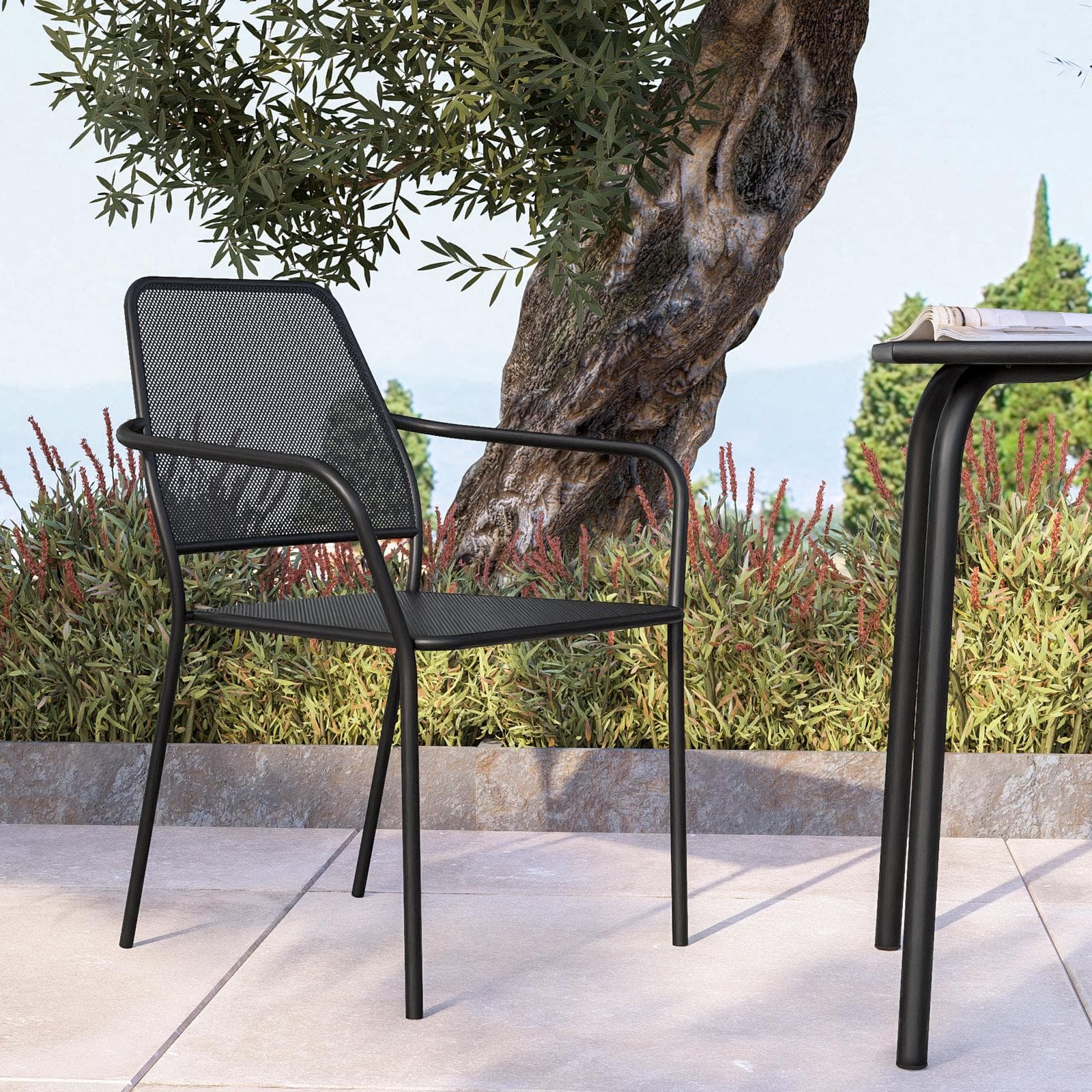 Set bistrot tavolo 70x70 cm e 2 sedie con braccioli squadrate in metallo nero - Dama