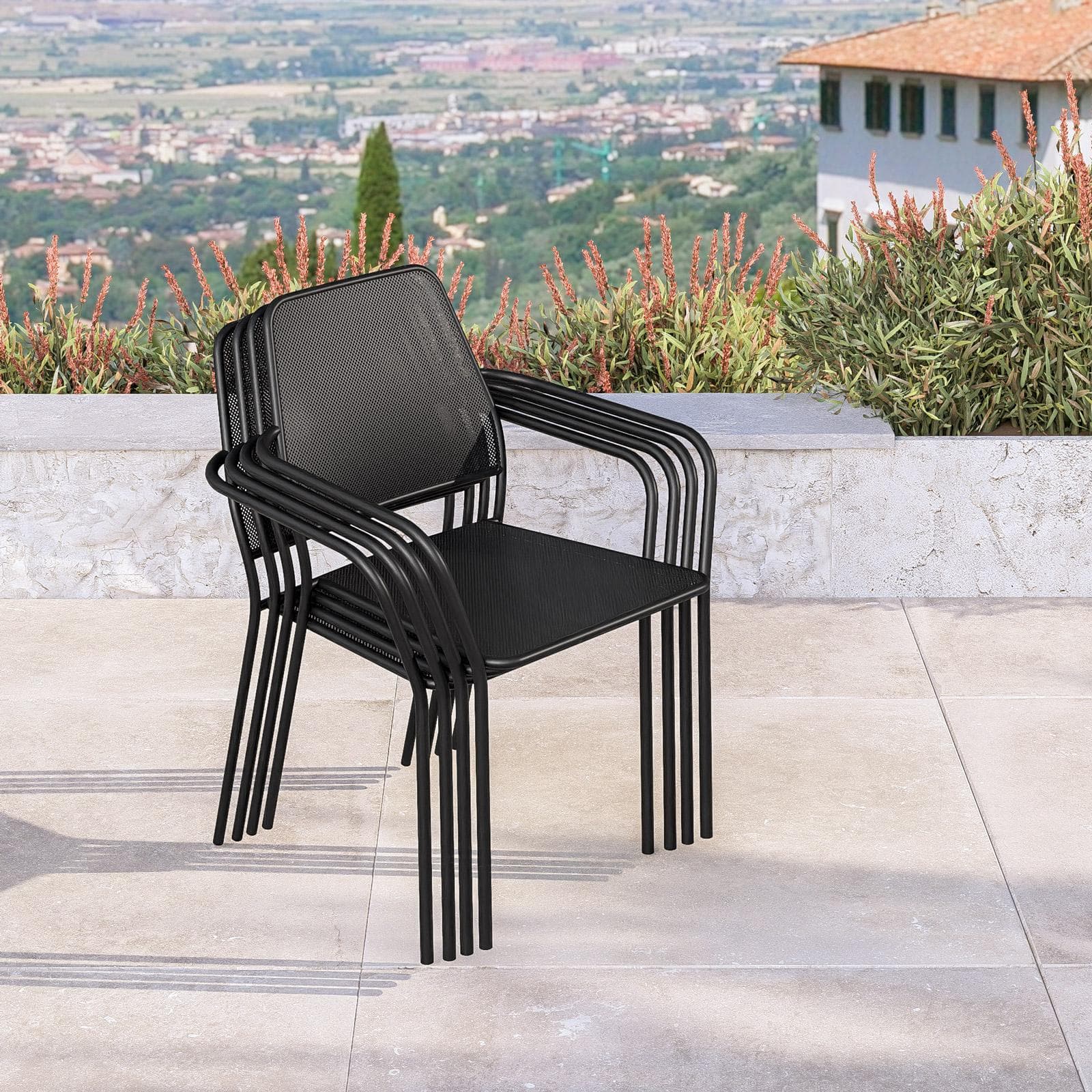 Set bistrot tavolo 70x70 cm e 2 sedie con braccioli squadrate in metallo nero - Dama