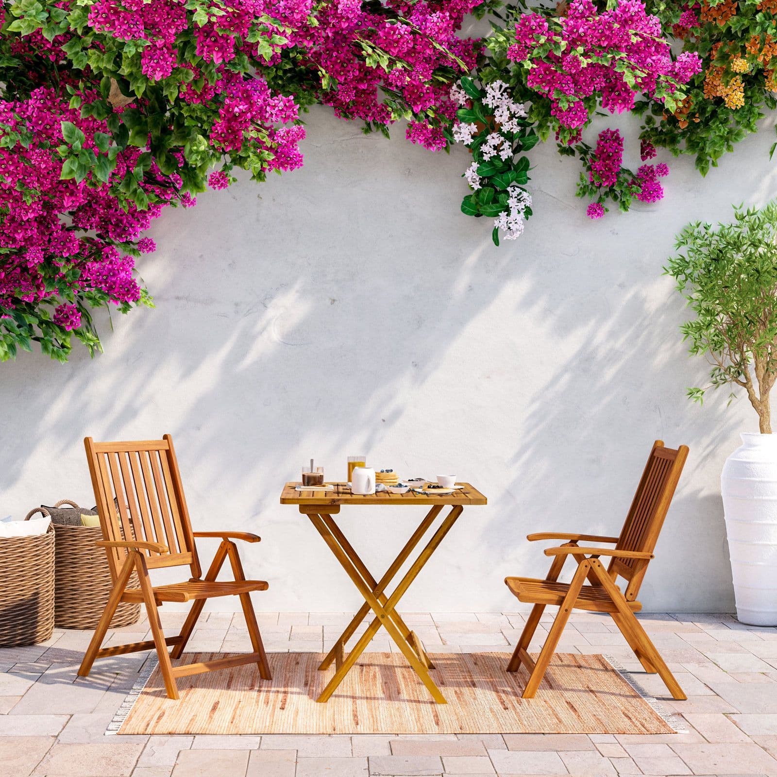 Set bistrot tavolo 70x70 cm e 2 sedie con braccioli regolabili in legno di acacia - Paja