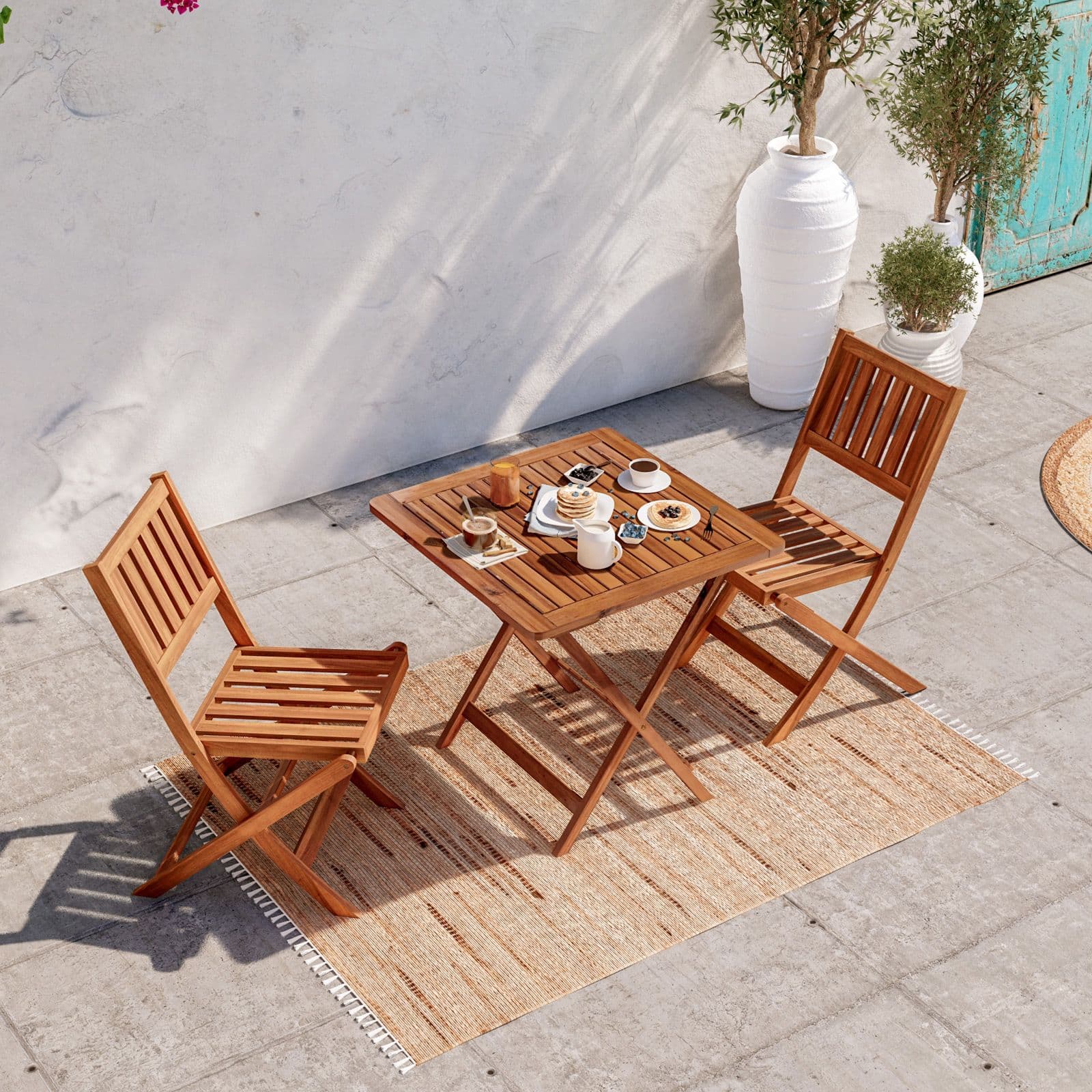 Set bistrot con tavolo pieghevole 70x70 cm e 2 sedie pieghevoli in legno di acacia - Paja