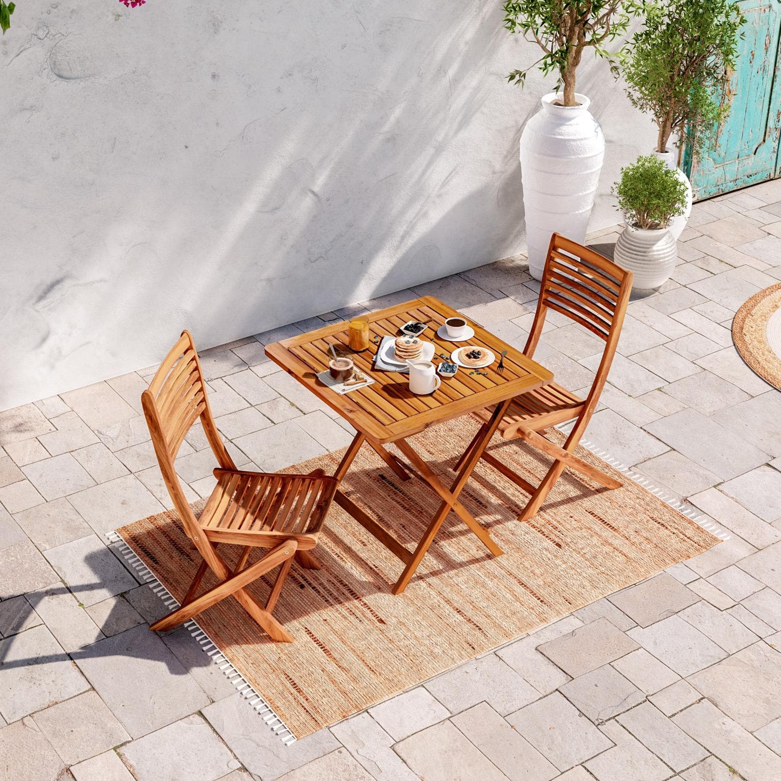 Set bistrot tavolo pieghevole 70x70 cm e 2 sedie pieghevoli in legno di acacia - Paja