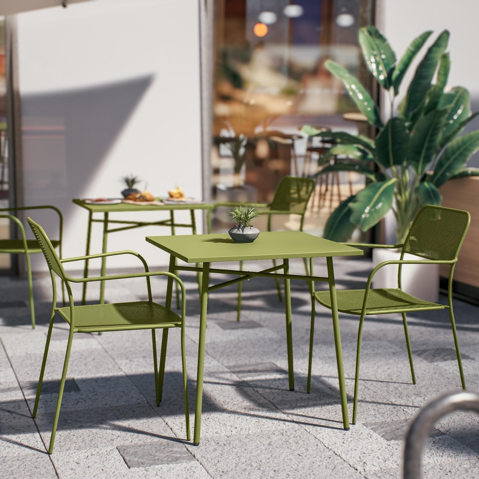 Set bistrot tavolo 70x70 e 2 sedie con braccioli in acciaio verde oliva - Faber
