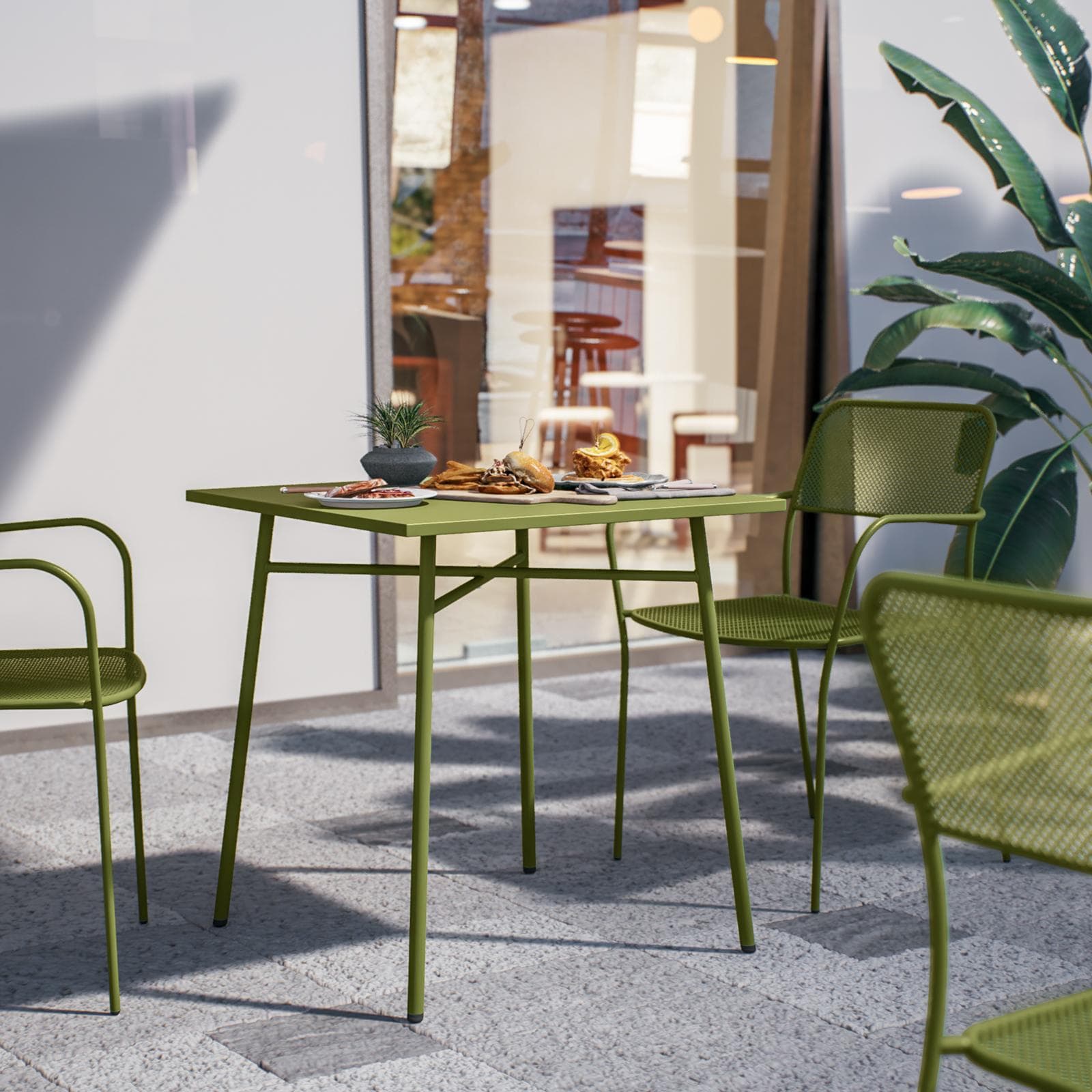 Set bistrot tavolo 70x70 e 2 sedie con braccioli in acciaio verde oliva - Faber