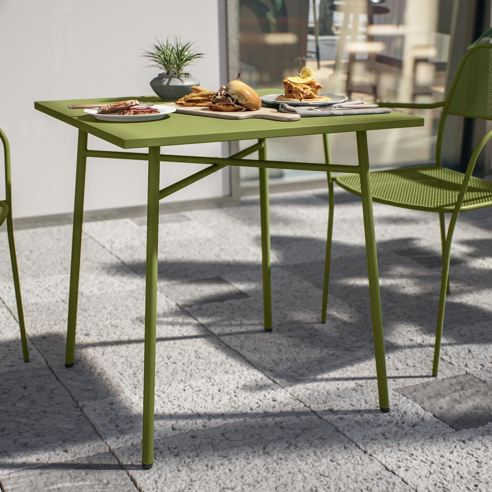 Set bistrot tavolo 70x70 e 2 sedie con braccioli in acciaio verde oliva - Faber