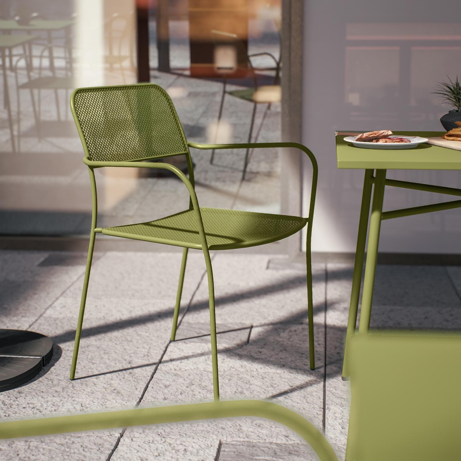 Set bistrot tavolo 70x70 e 2 sedie con braccioli in acciaio verde oliva - Faber
