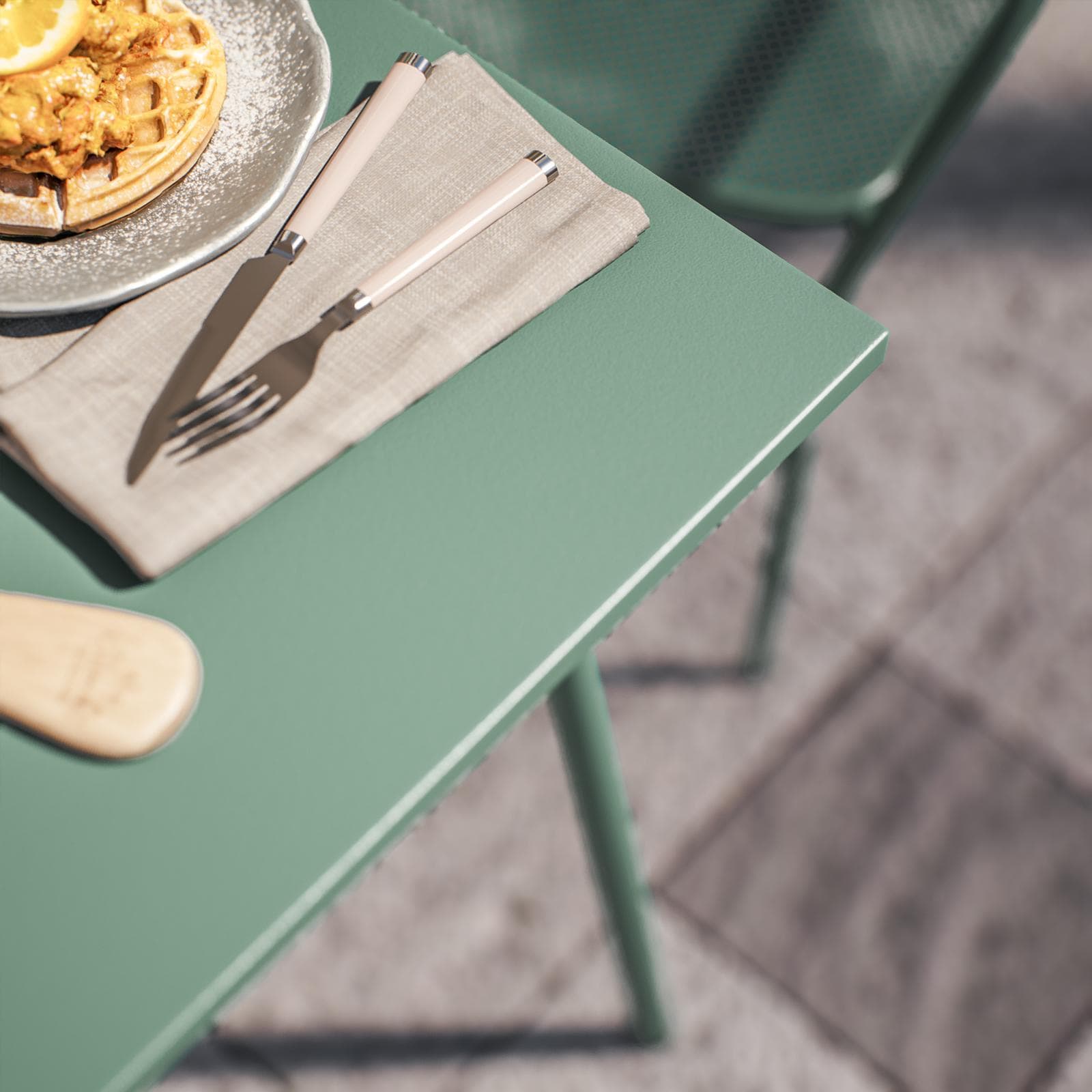 Set bistrot tavolo 70x70 e 2 sedie con braccioli in acciaio verde marino - Faber