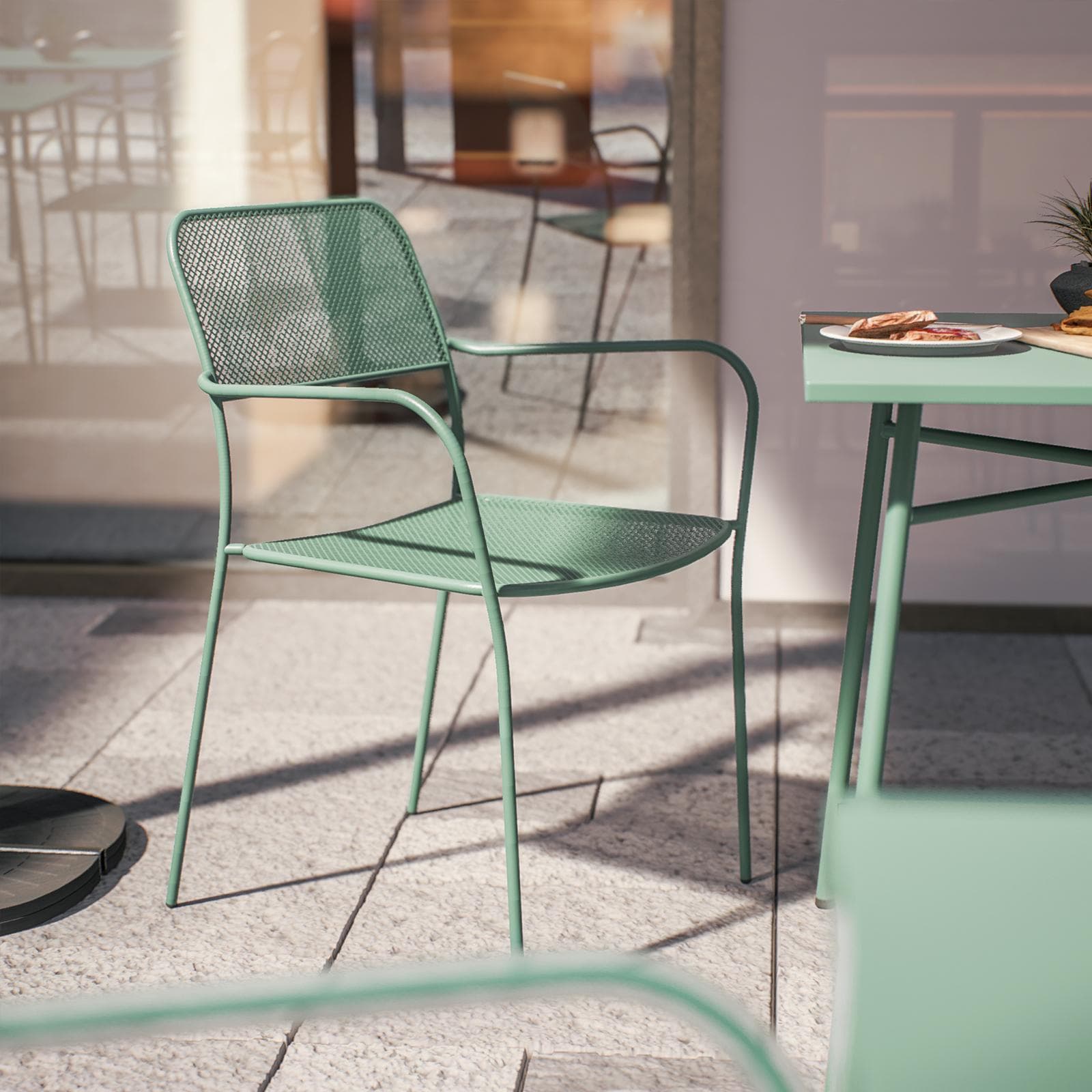 Set bistrot tavolo 70x70 e 2 sedie con braccioli in acciaio verde marino - Faber