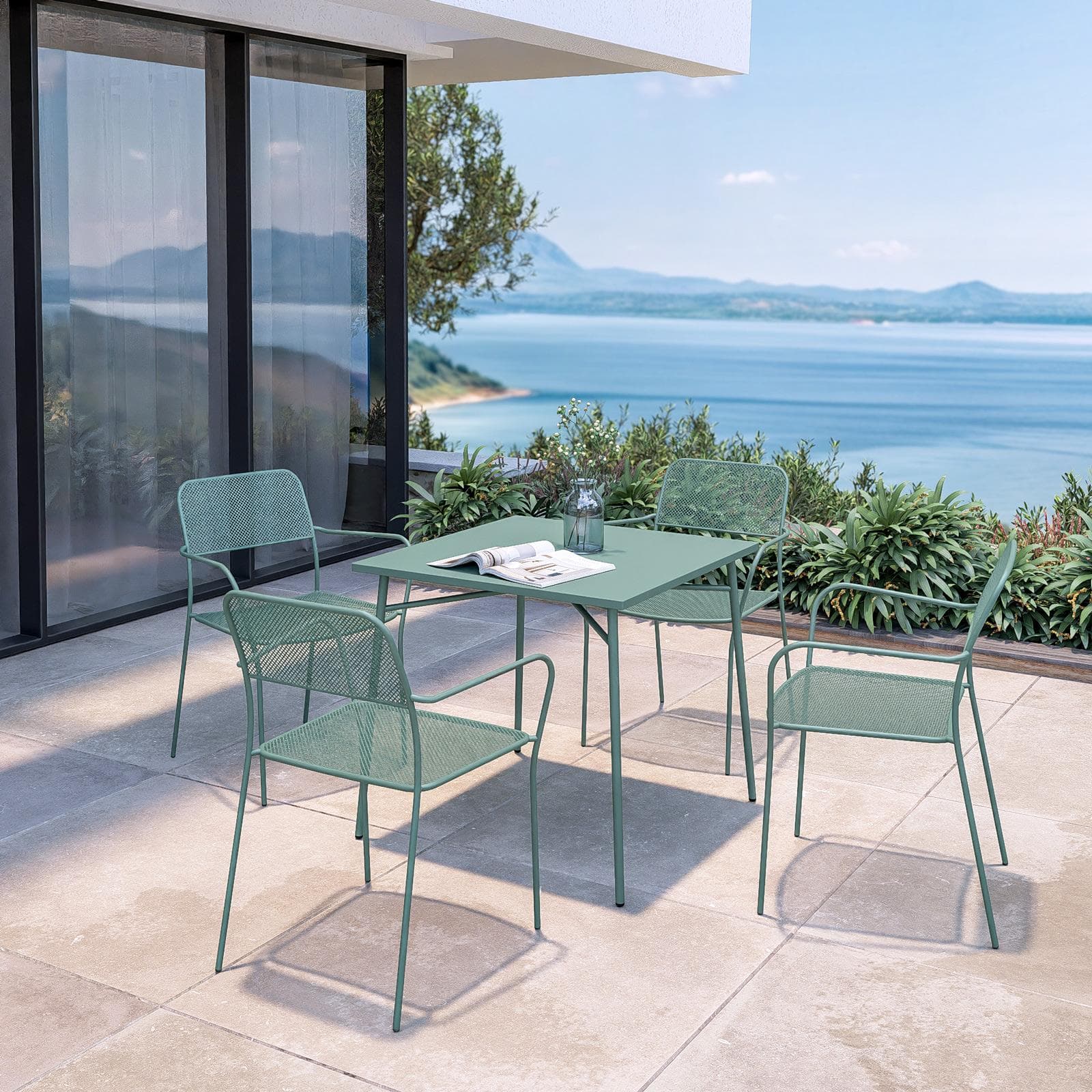 Set pranzo tavolo 80x80 cm e 4 sedie con braccioli in acciaio verde marino - Faber