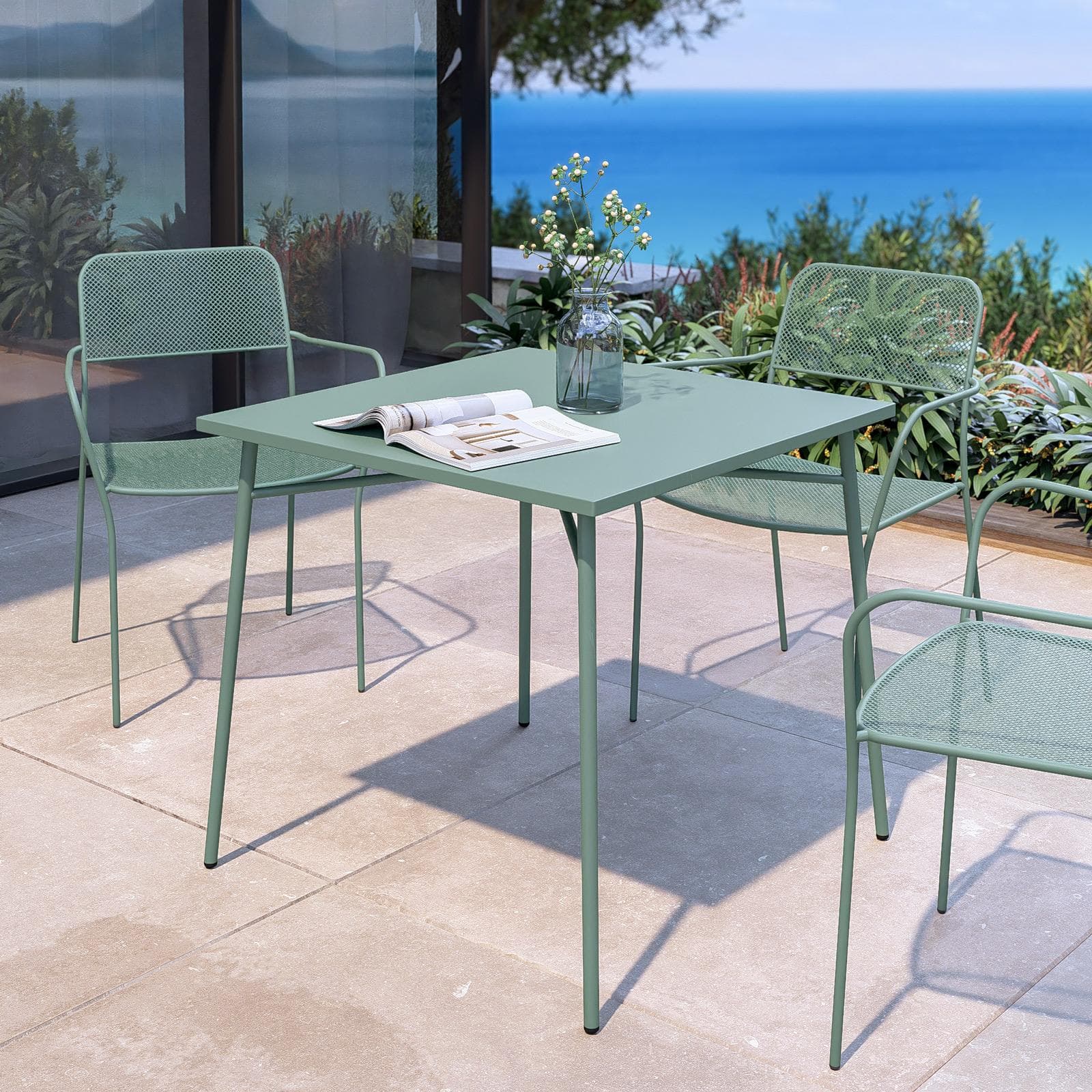 Set pranzo tavolo 80x80 cm e 4 sedie con braccioli in acciaio verde marino - Faber
