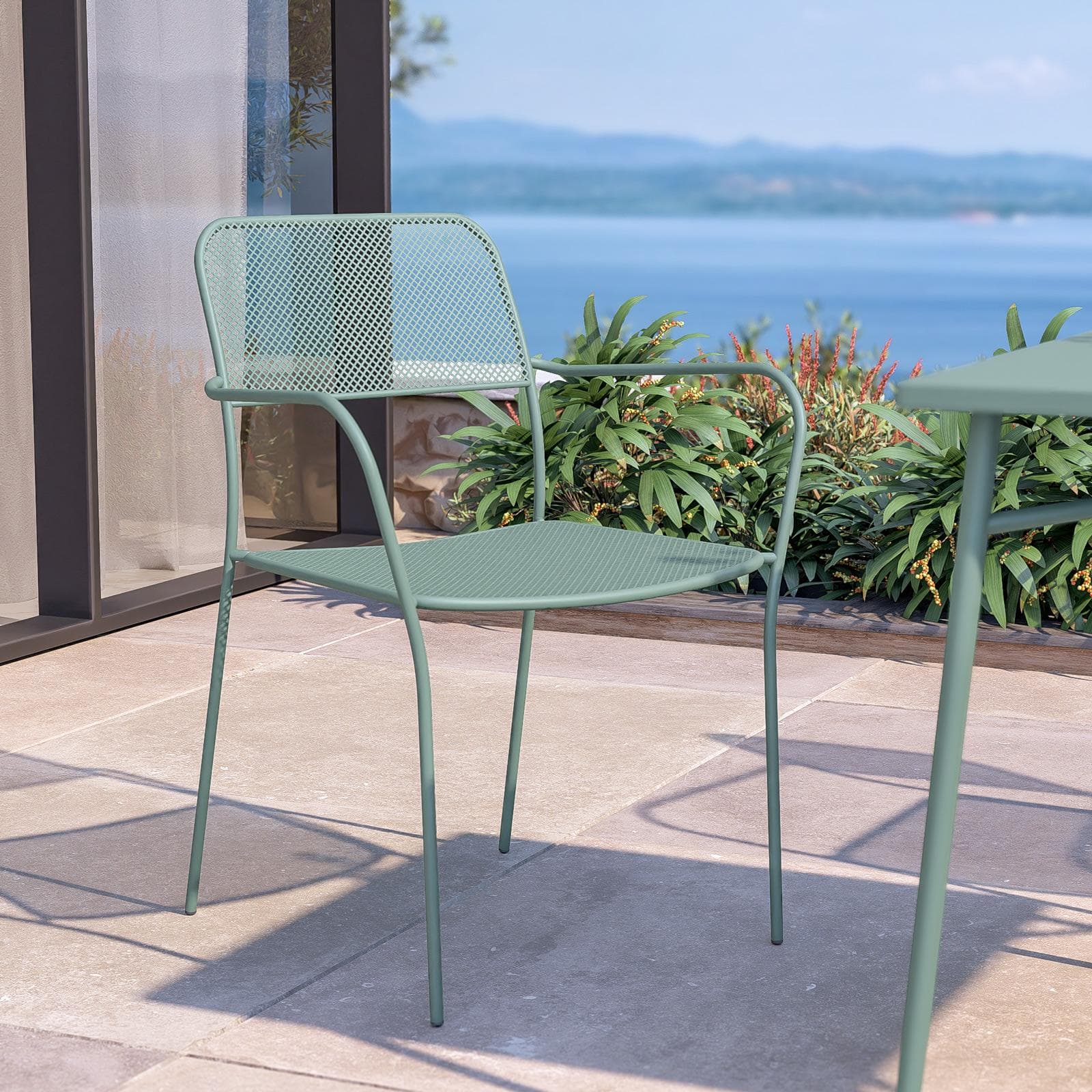 Set pranzo tavolo 80x80 cm e 4 sedie con braccioli in acciaio verde marino - Faber