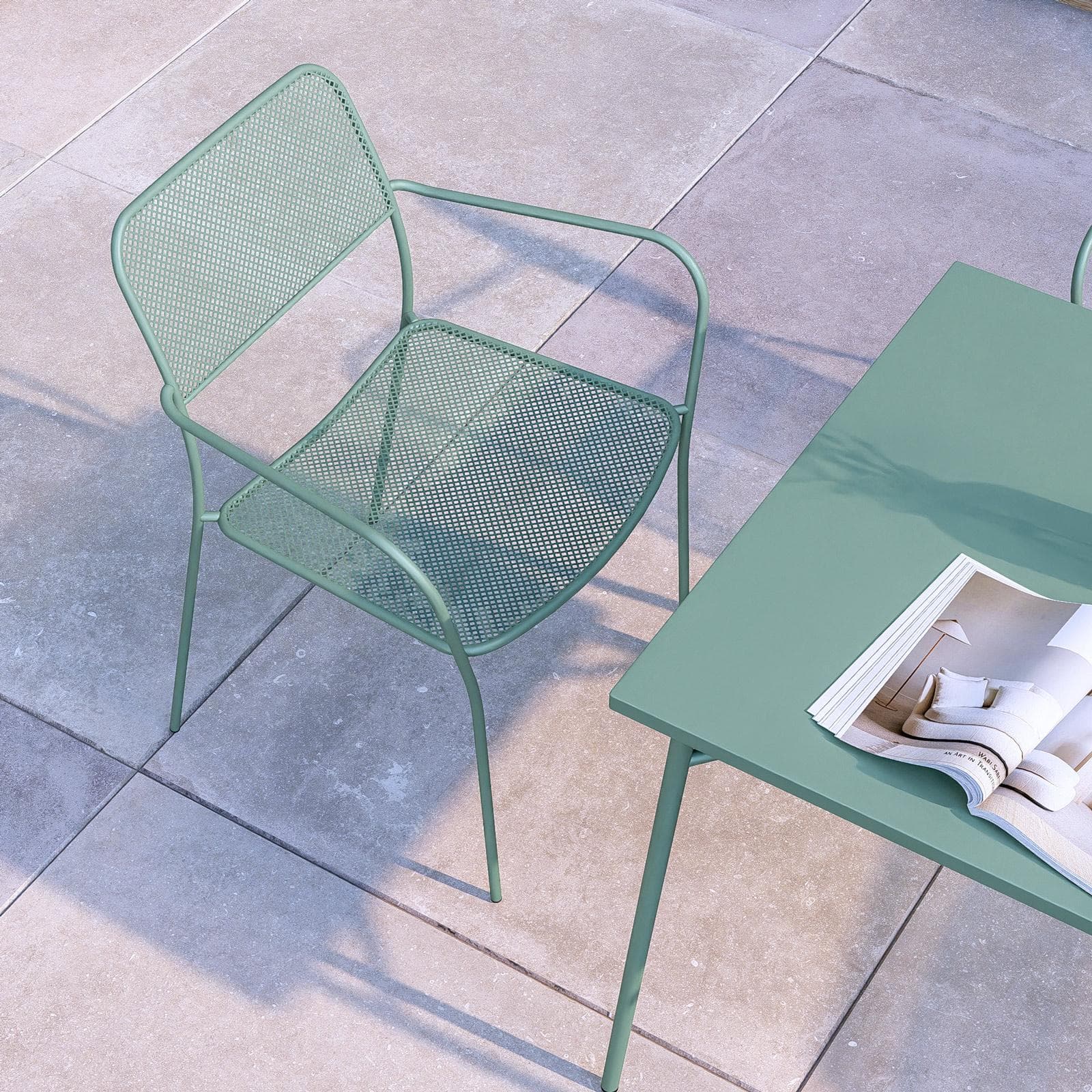 Set pranzo tavolo 80x80 cm e 4 sedie con braccioli in acciaio verde marino - Faber
