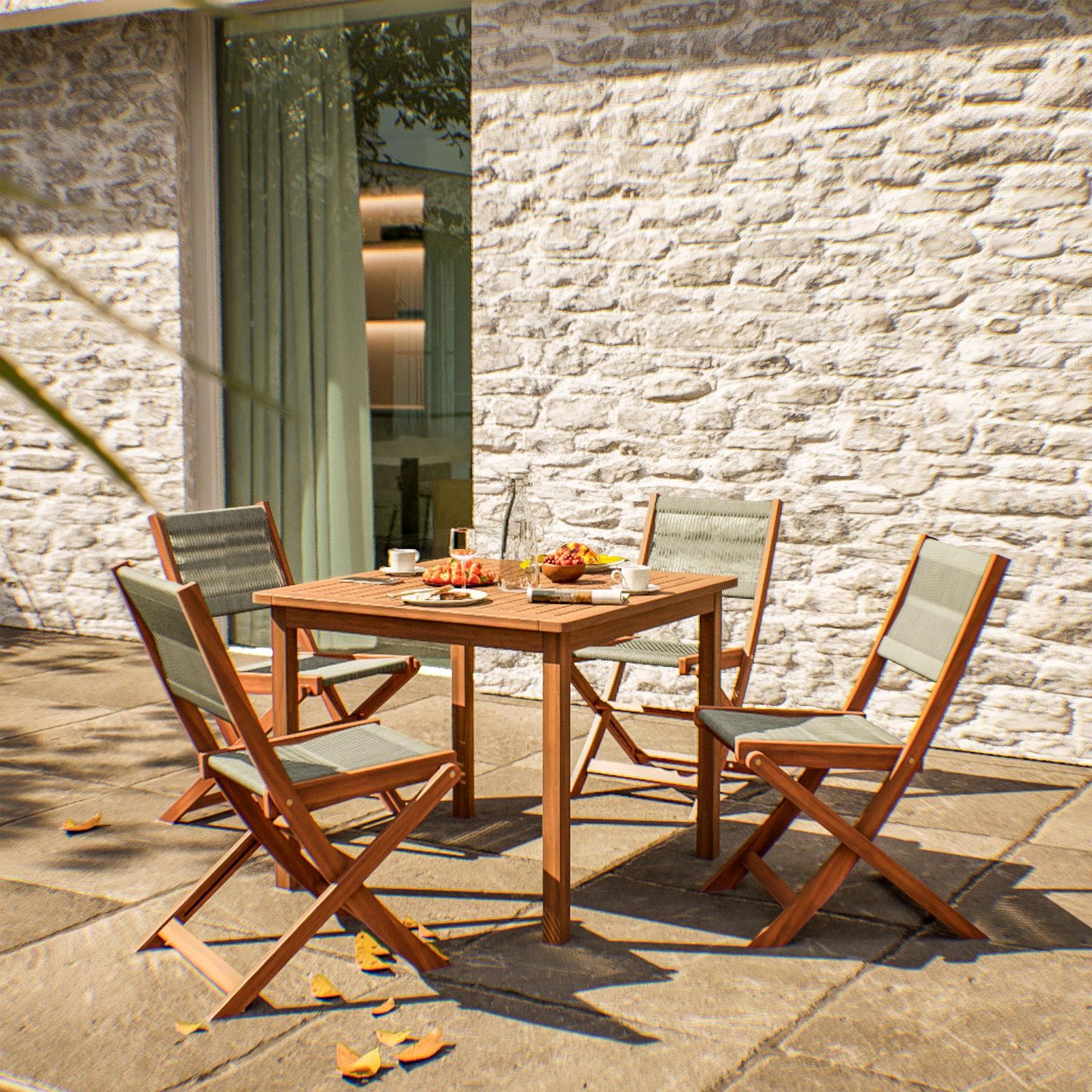 Set pranzo tavolo 80x80 cm e 4 sedie pieghevoli in legno di acacia e corda tortora - Yadira