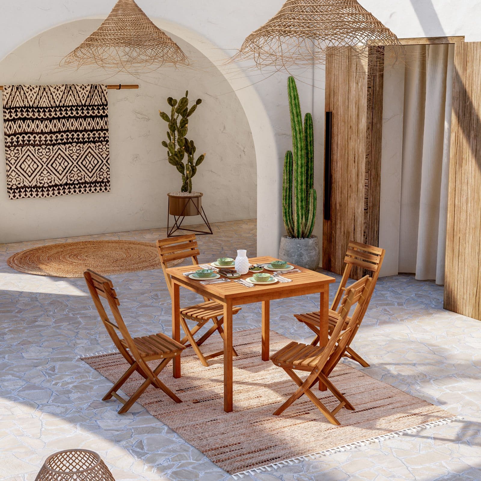 Set pranzo con tavolo 80x80 cm e 4 sedie pieghevoli in legno di acacia - Paja