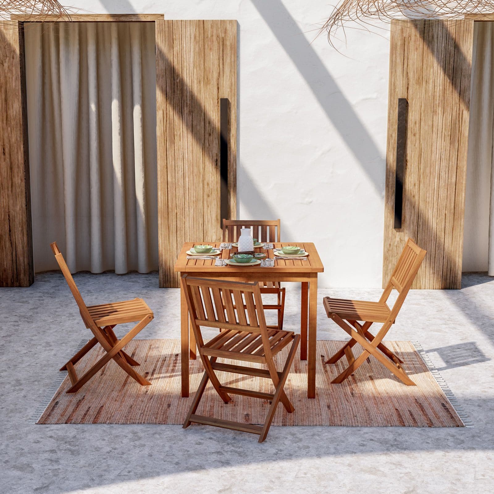 Set pranzo con tavolo 80x80 cm con 4 sedie pieghevoli in legno di acacia - Paja