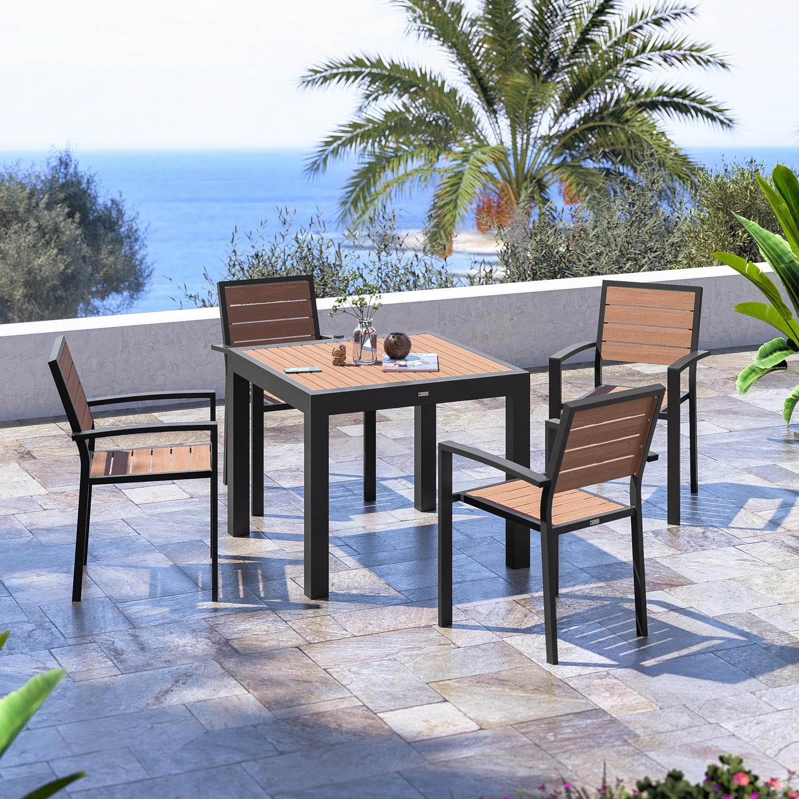 Set pranzo tavolo 90/180x90 cm top effetto legno miele e 4 sedie con braccioli in alluminio antracite - Carioca Wood