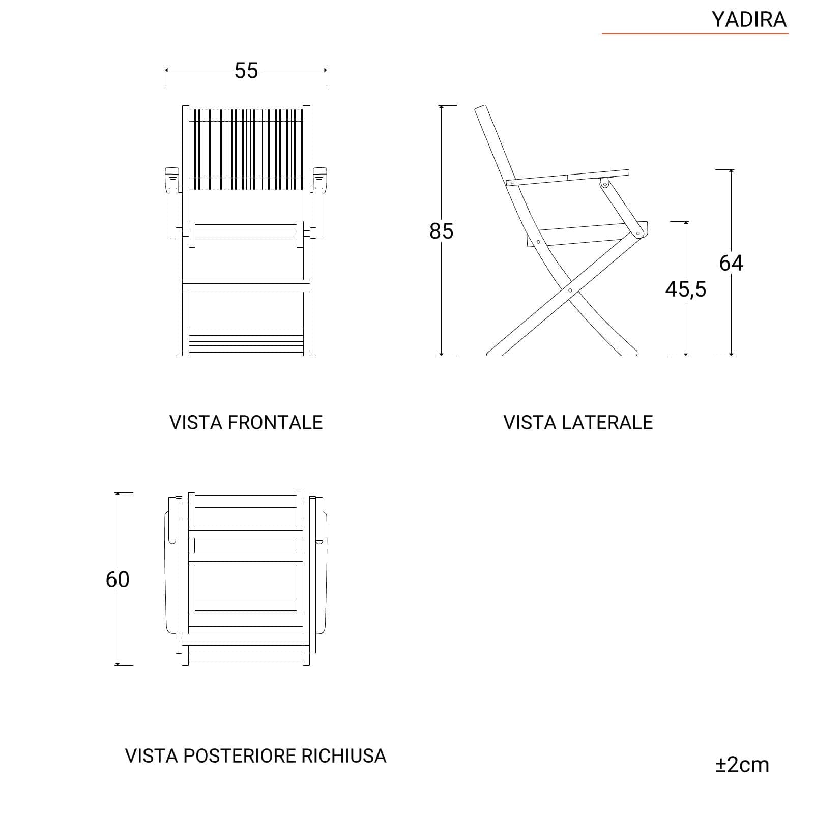 Set pranzo tavolo allungabile 120/160x80 cm e 4 sedie pieghevoli con braccioli in legno di acacia e corda grigia - Yadira