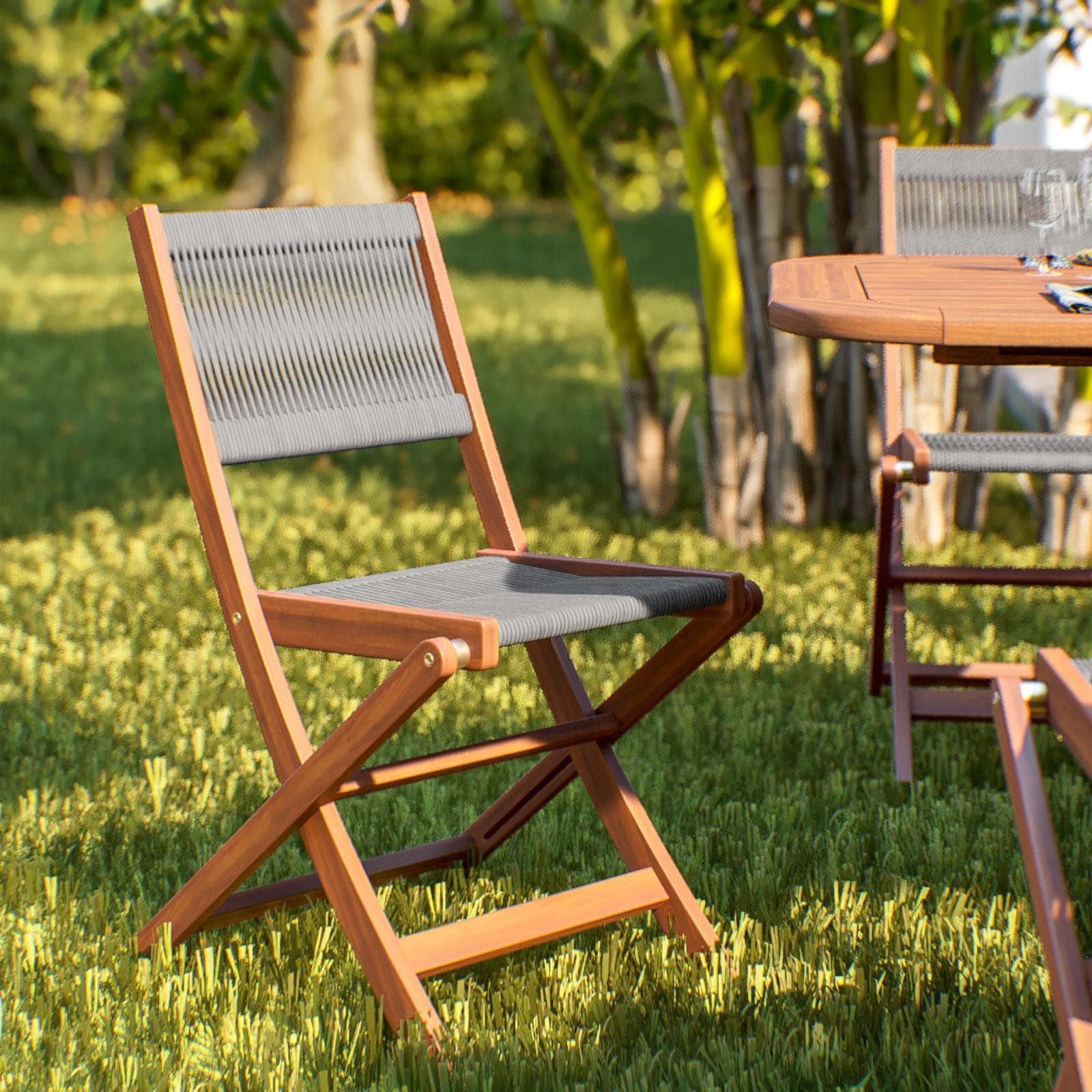 Set pranzo tavolo allungabile 120/160x80 cm e 4 sedie pieghevoli in legno di acacia e corda grigia - Yadira