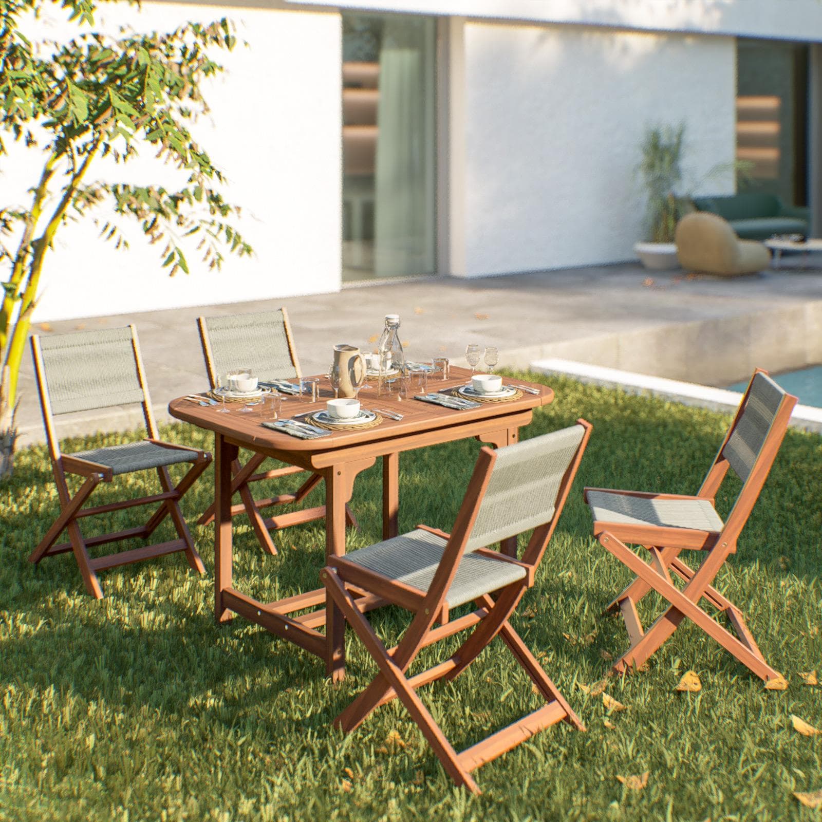 Set pranzo tavolo allungabile 120/160x80 cm e 4 sedie pieghevoli in legno di acacia e corda tortora - Yadira
