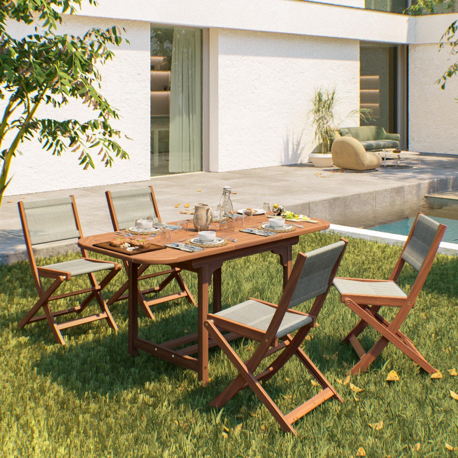 Set pranzo tavolo allungabile 120/160x80 cm e 4 sedie pieghevoli in legno di acacia e corda tortora - Yadira