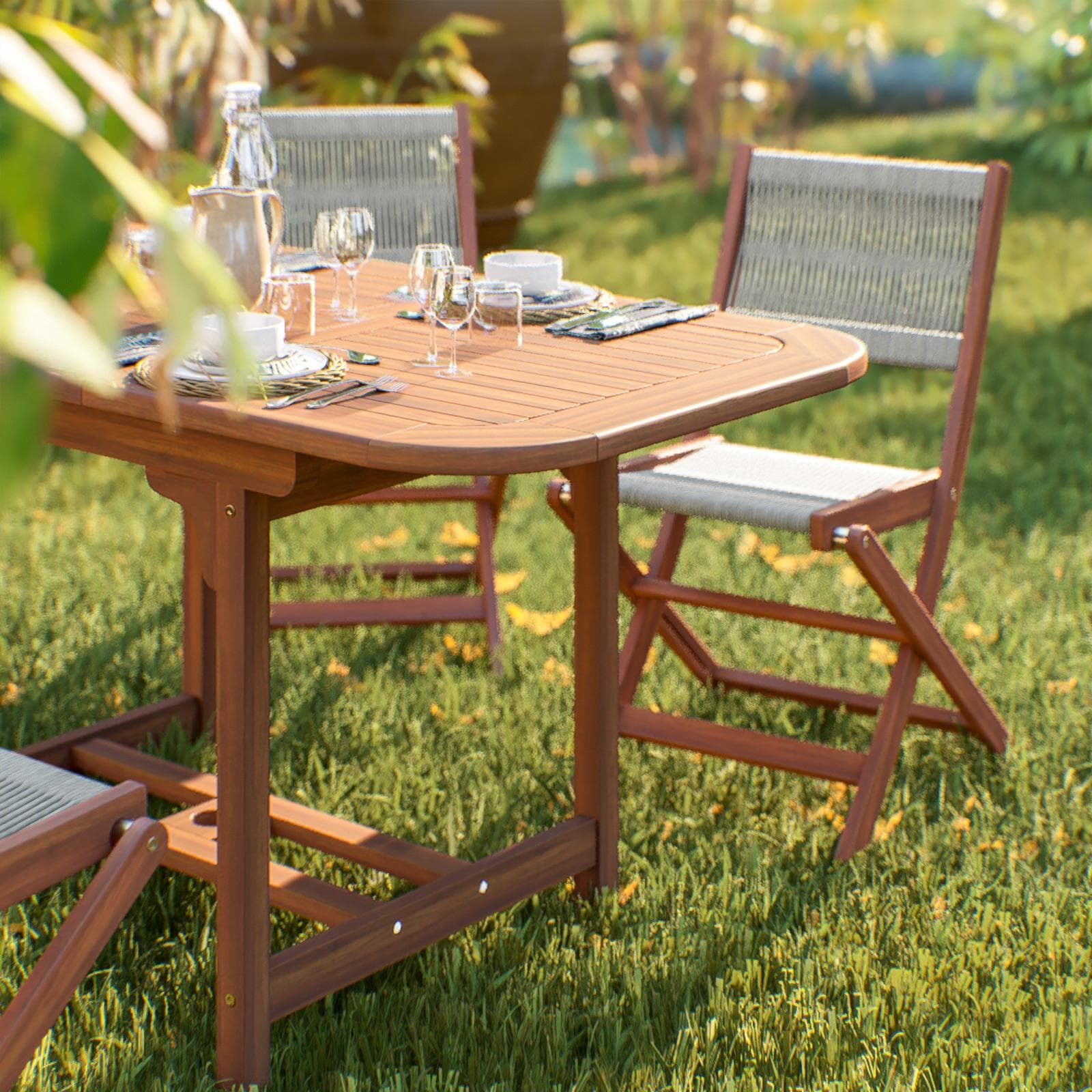 Set pranzo tavolo allungabile 120/160x80 cm e 4 sedie pieghevoli in legno di acacia e corda tortora - Yadira