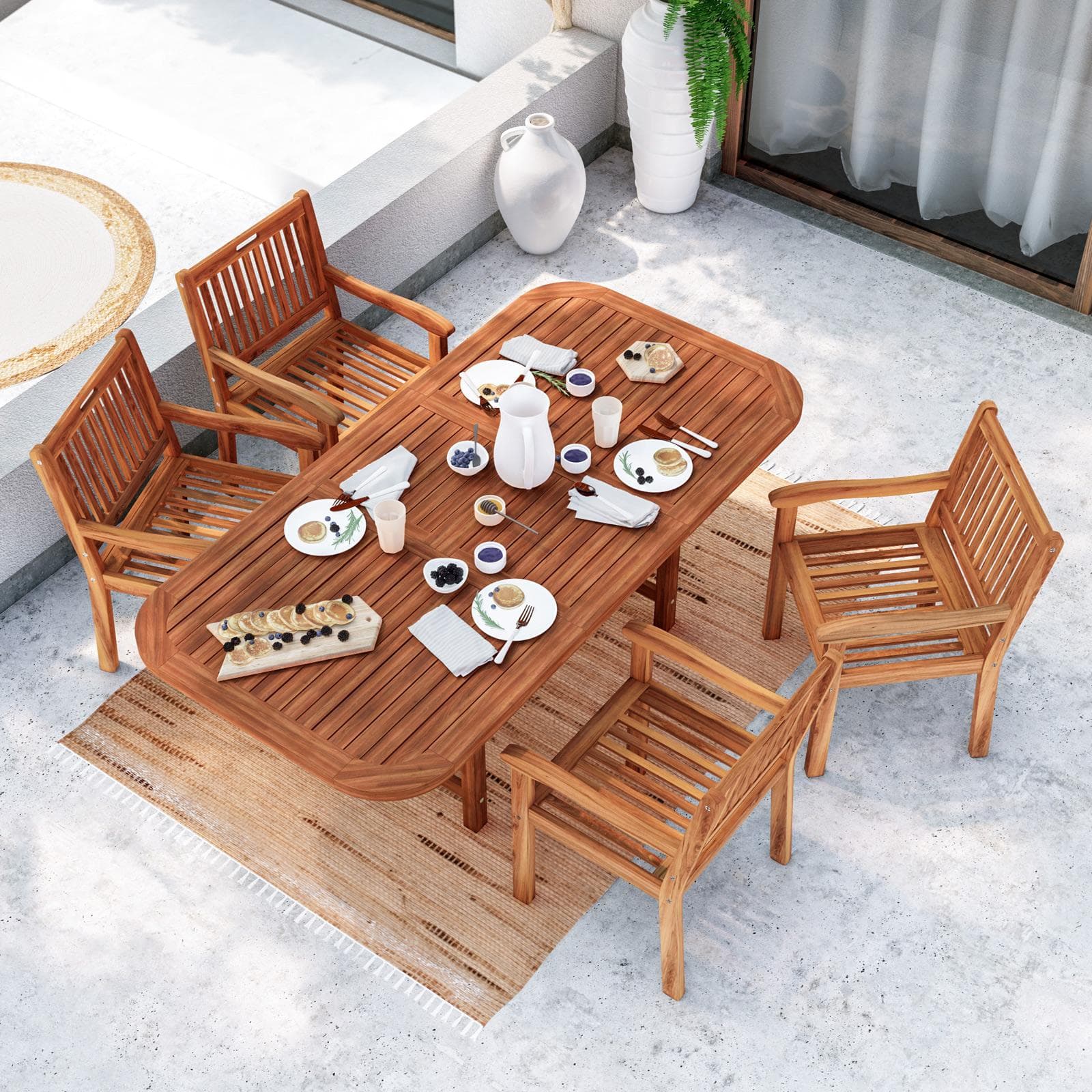 Set pranzo tavolo allungabile 150/200x100 cm e 4 sedie con braccioli in legno di acacia - Paja