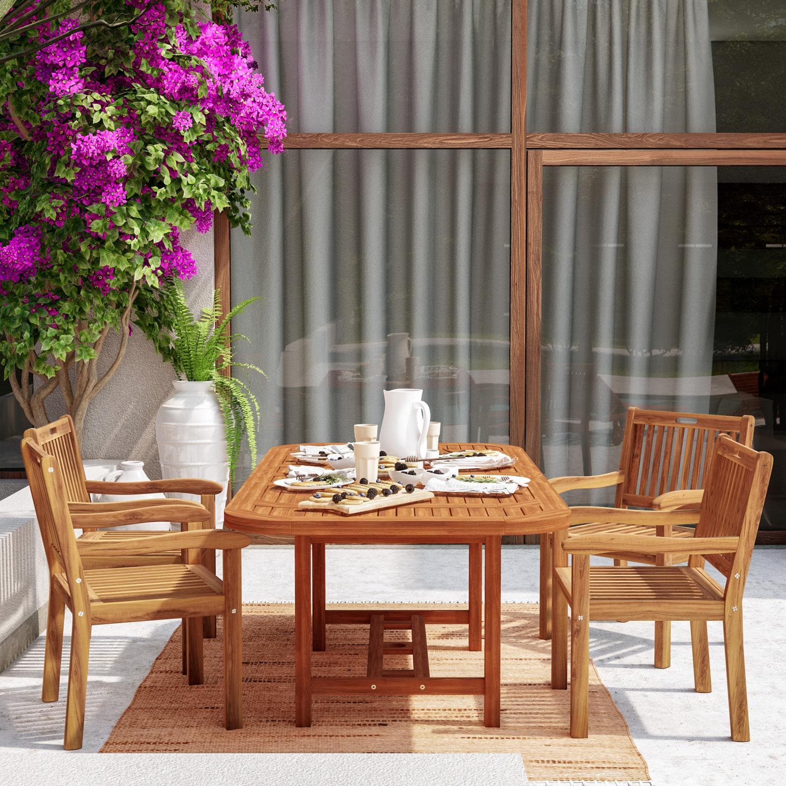 Set pranzo tavolo allungabile 150/200x100 cm e 4 sedie con braccioli in legno di acacia - Paja