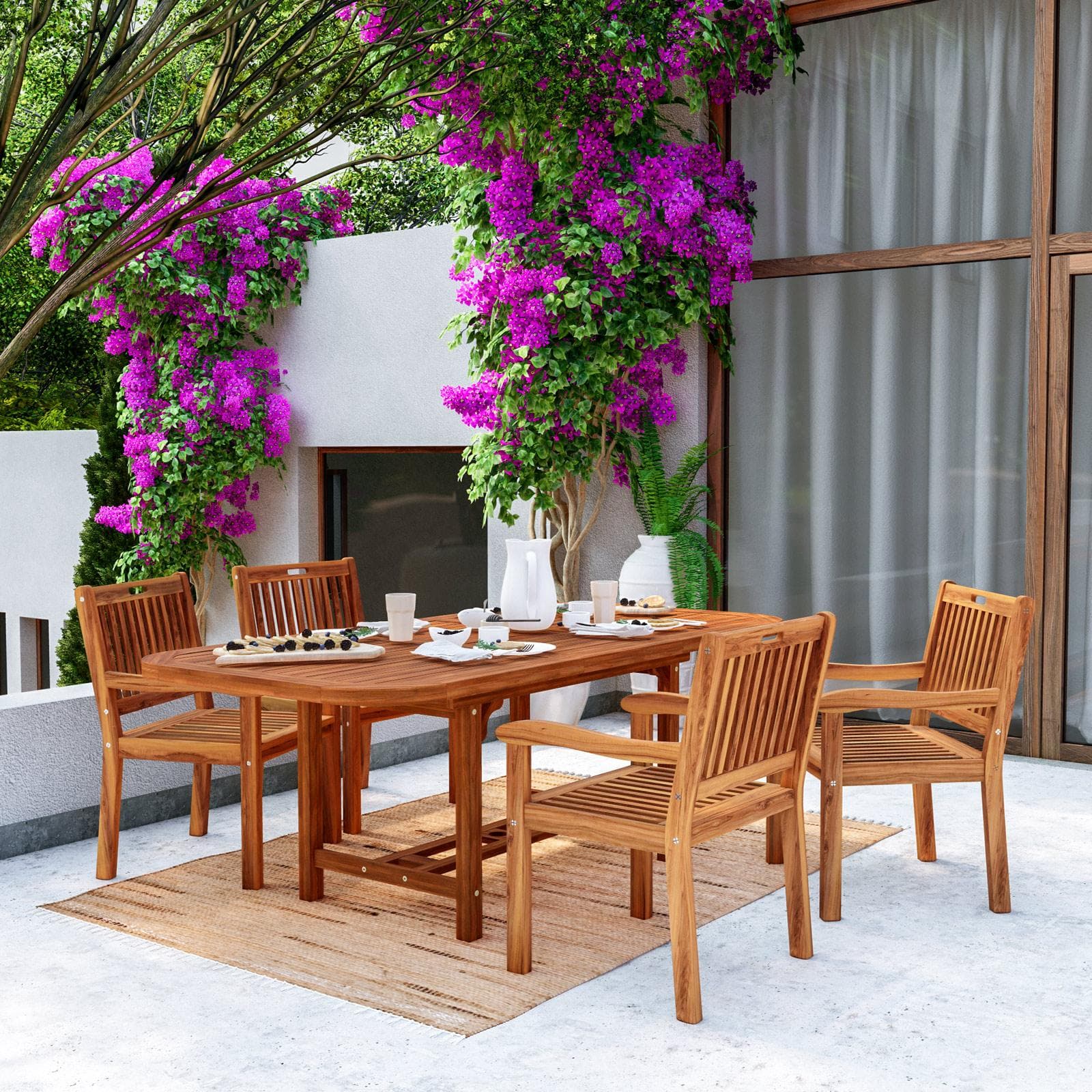 Set pranzo tavolo allungabile 150/200x100 cm e 4 sedie con braccioli in legno di acacia - Paja