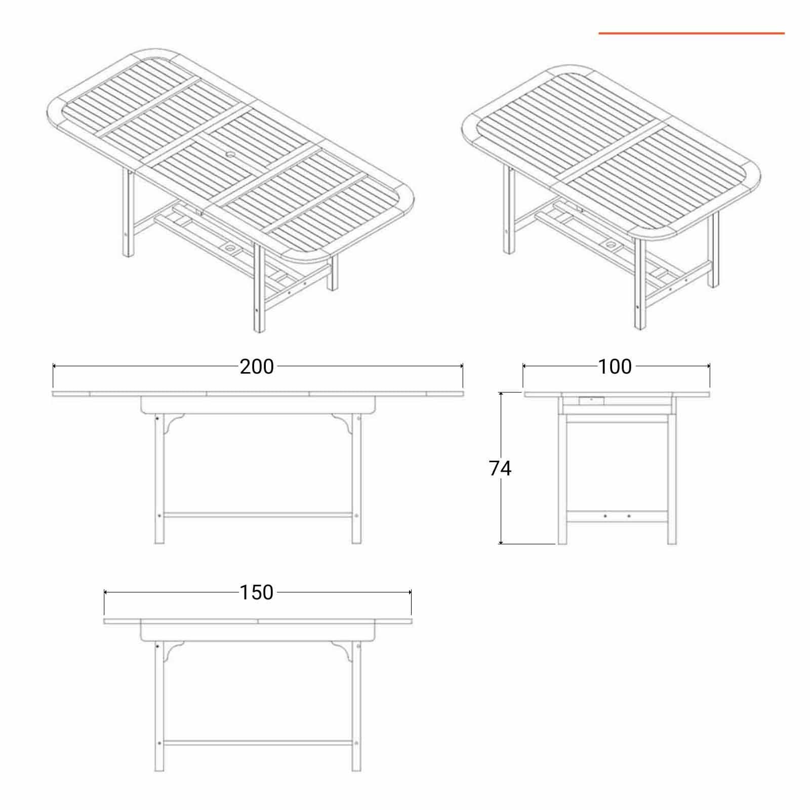 Set pranzo tavolo allungabile 150/200x100 cm e 4 sedie con braccioli in legno di acacia - Paja