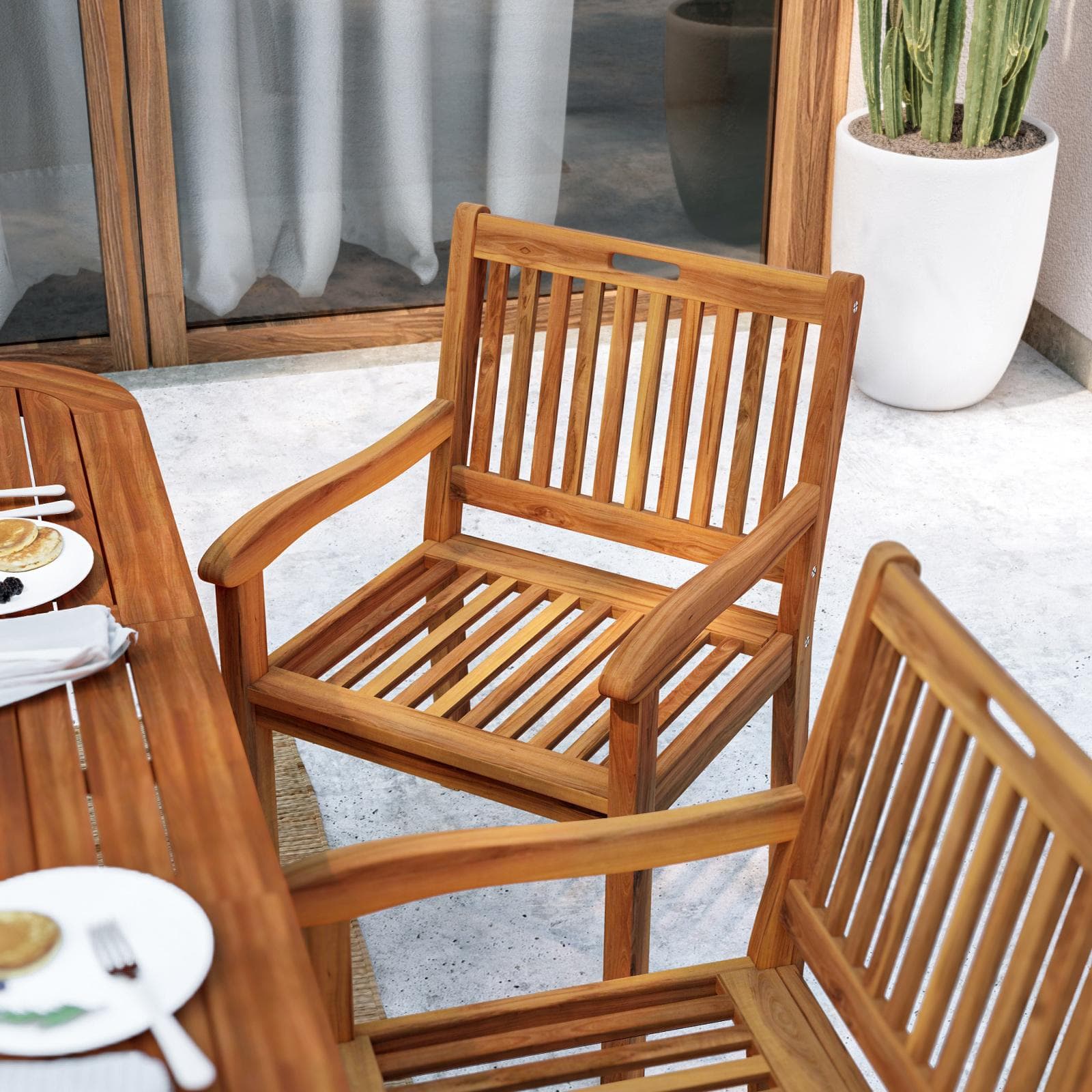 Set pranzo tavolo allungabile 150/200x100 cm e 4 sedie con braccioli in legno di acacia - Paja