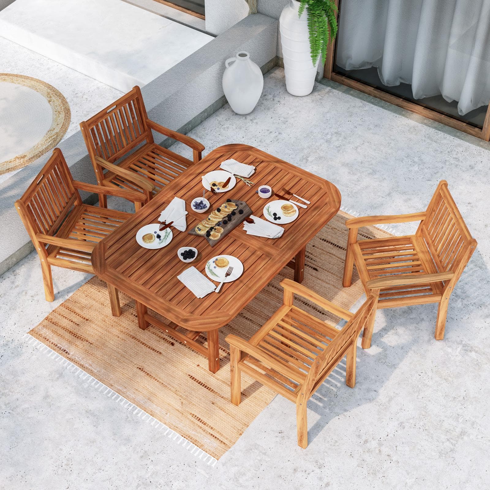 Set pranzo tavolo allungabile 150/200x100 cm e 4 sedie con braccioli in legno di acacia - Paja