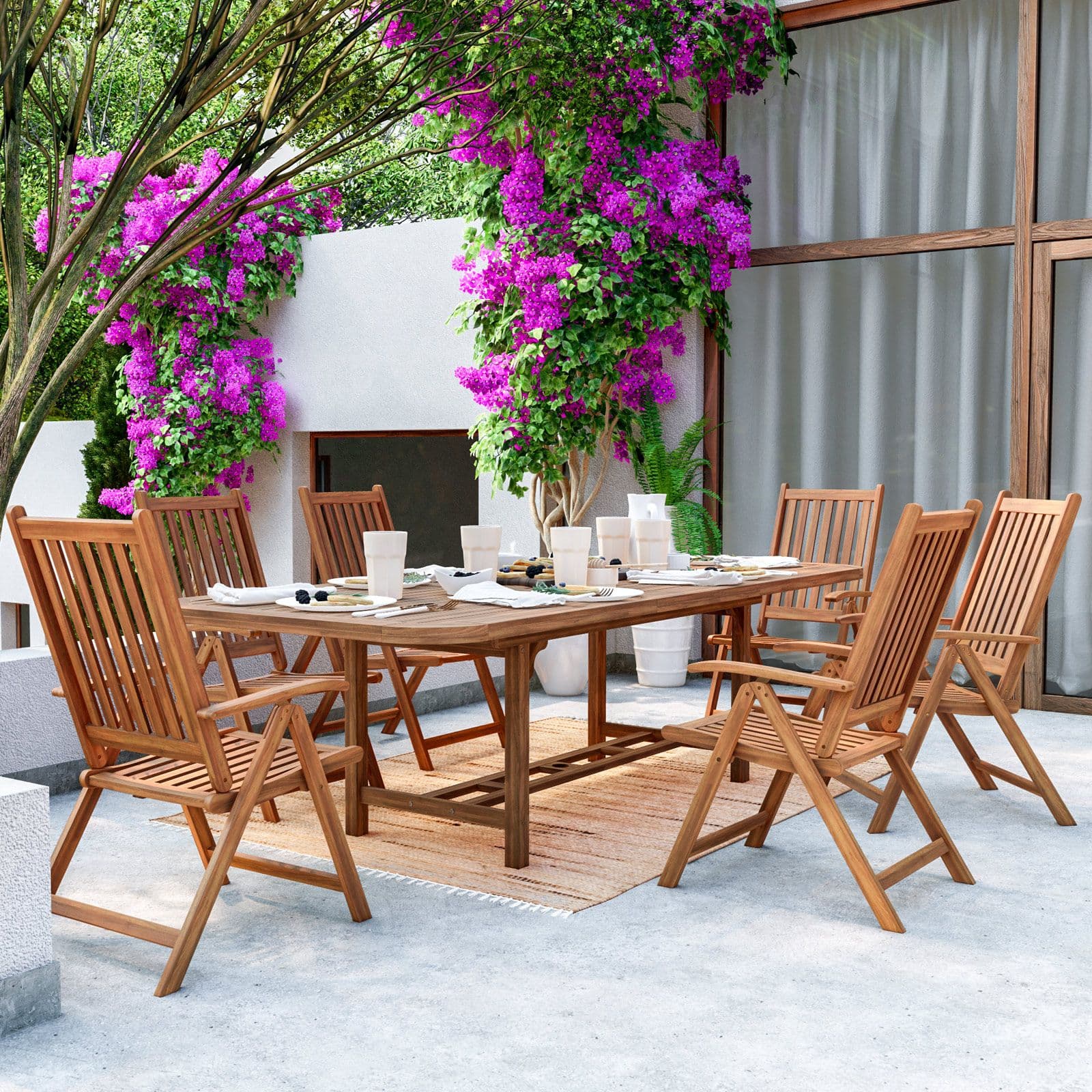 Set pranzo tavolo allungabile 180/260x110 cm e 6 sedie con braccioli regolabili in legno di acacia - Paja