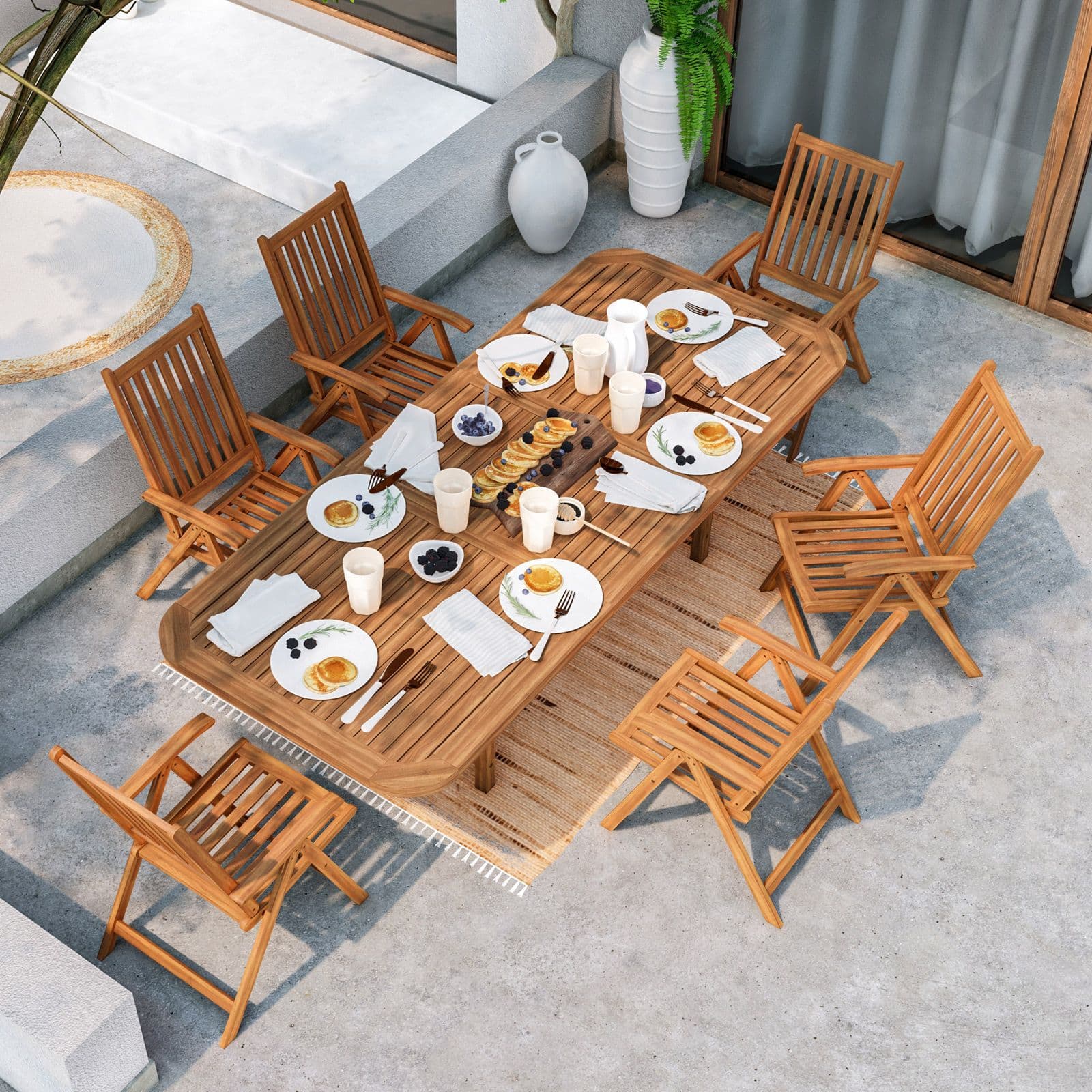 Set pranzo tavolo allungabile 180/260x110 cm e 6 sedie con braccioli regolabili in legno di acacia - Paja