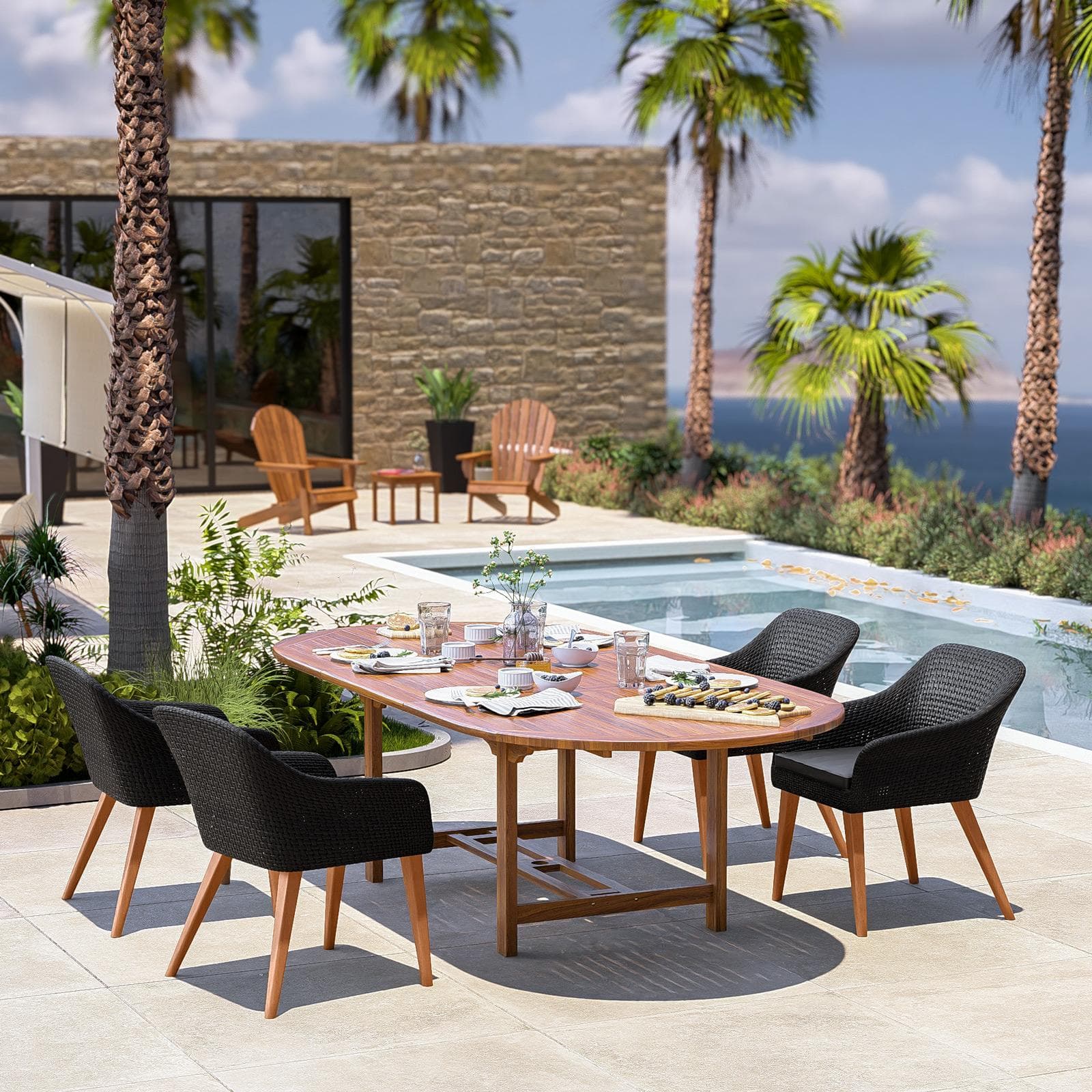 Set pranzo tavolo allungabile 180/240x120 cm e 4 poltrone in polyrattan nero e legno teak - Habanero