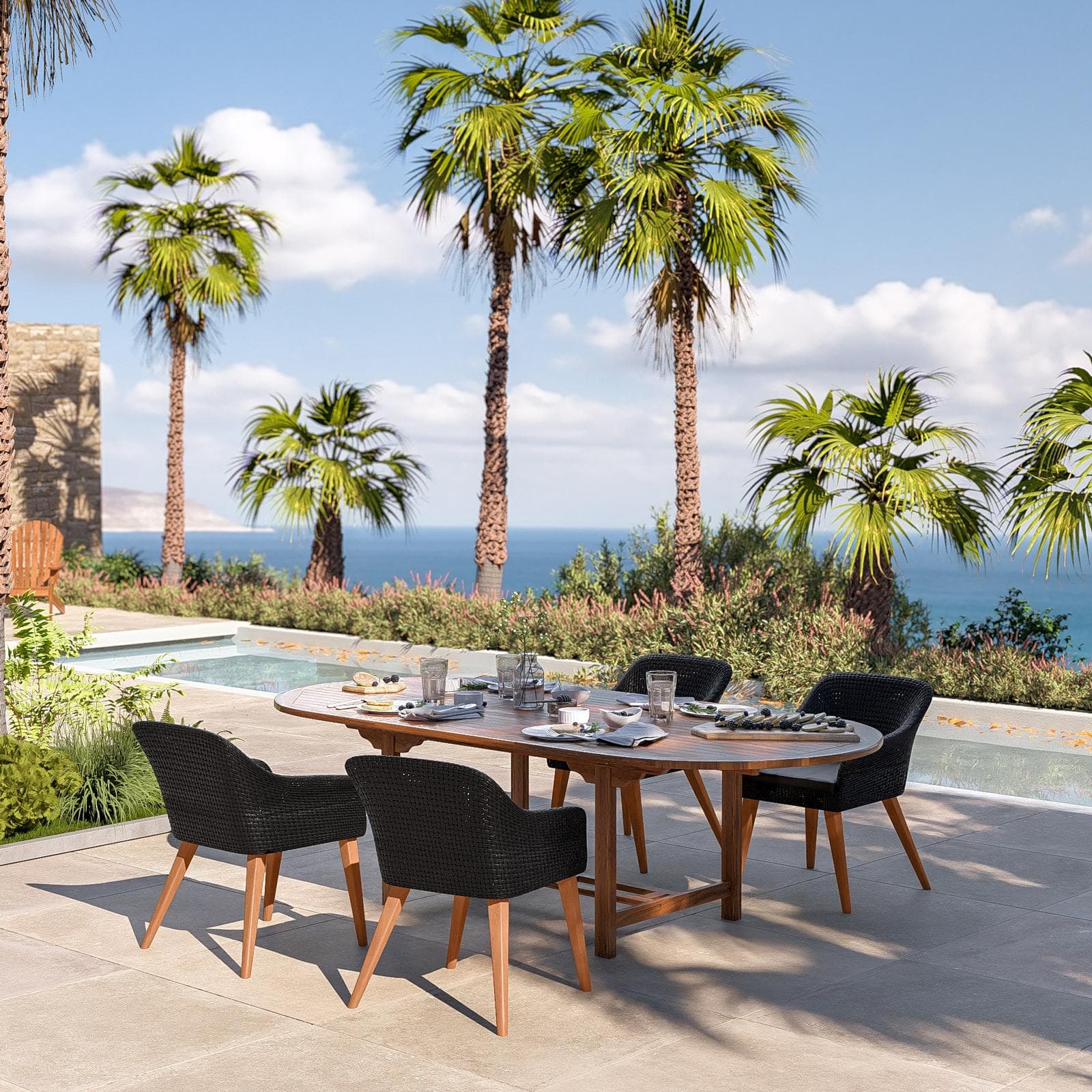 Set pranzo tavolo allungabile 180/240x120 cm e 4 poltrone in polyrattan nero e legno teak - Habanero