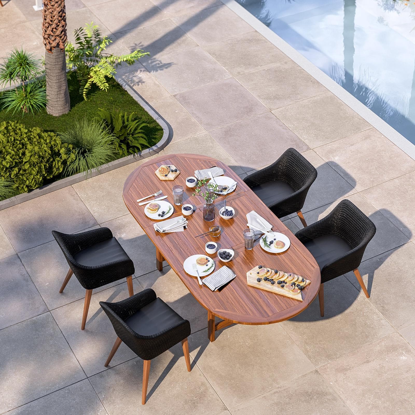 Set pranzo tavolo allungabile 180/240x120 cm e 4 poltrone in polyrattan nero e legno teak - Habanero