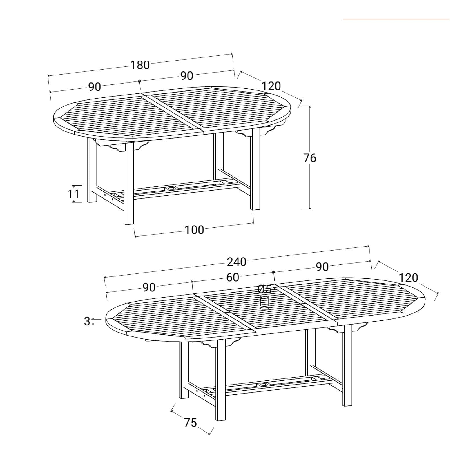 Set pranzo tavolo allungabile 180/240x120 cm e 4 poltrone in polyrattan nero e legno teak - Habanero