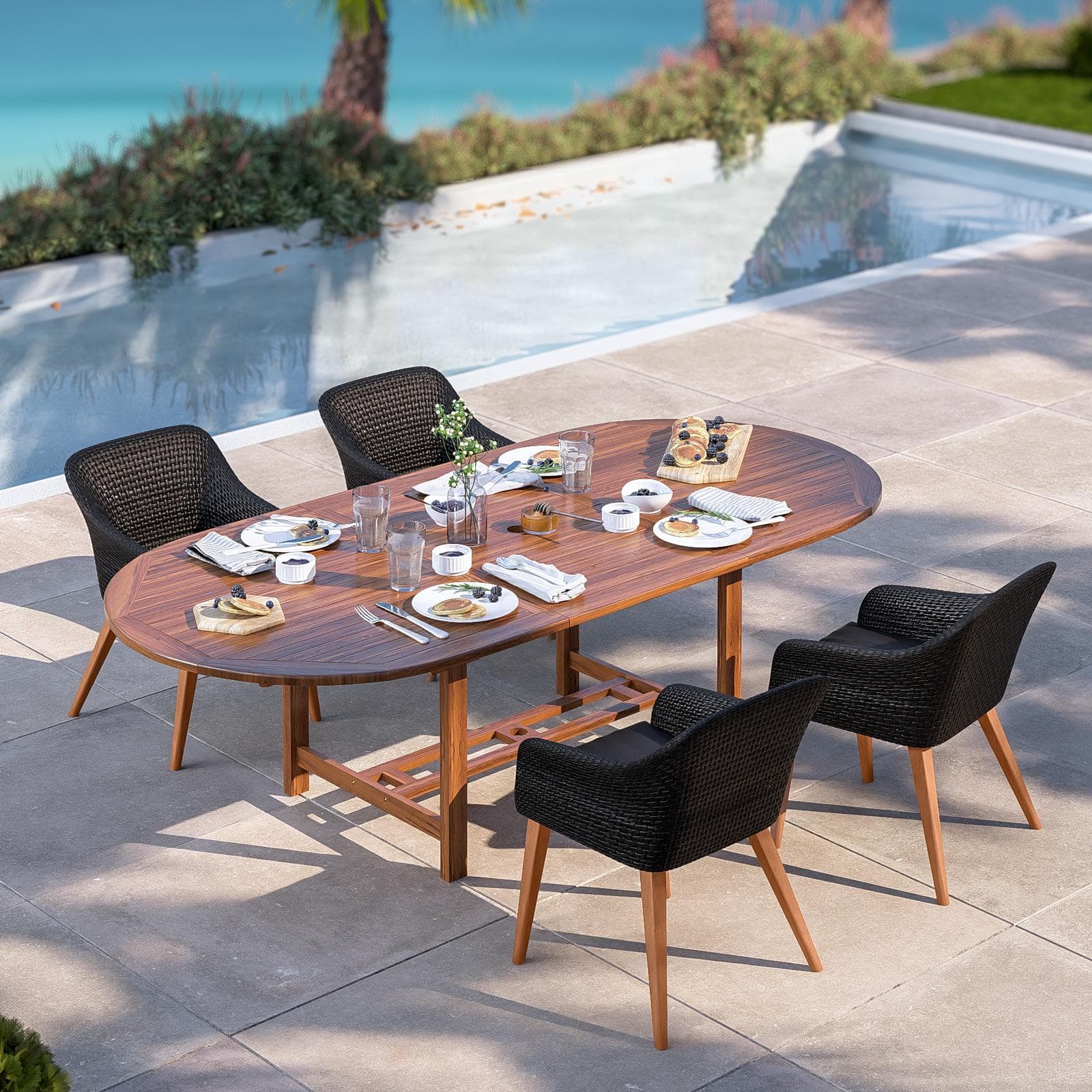 Set pranzo tavolo allungabile 180/240x120 cm e 4 poltrone in polyrattan nero e legno teak - Habanero