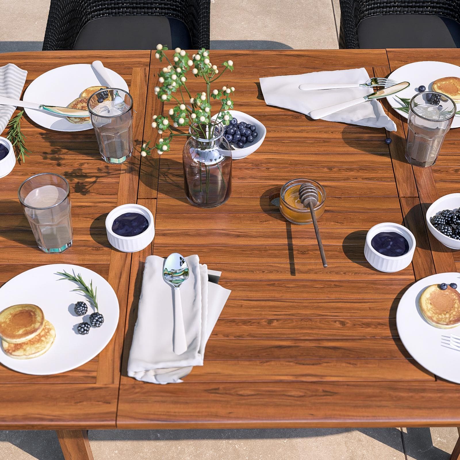 Set pranzo tavolo allungabile 180/240x120 cm e 4 poltrone in polyrattan nero e legno teak - Habanero