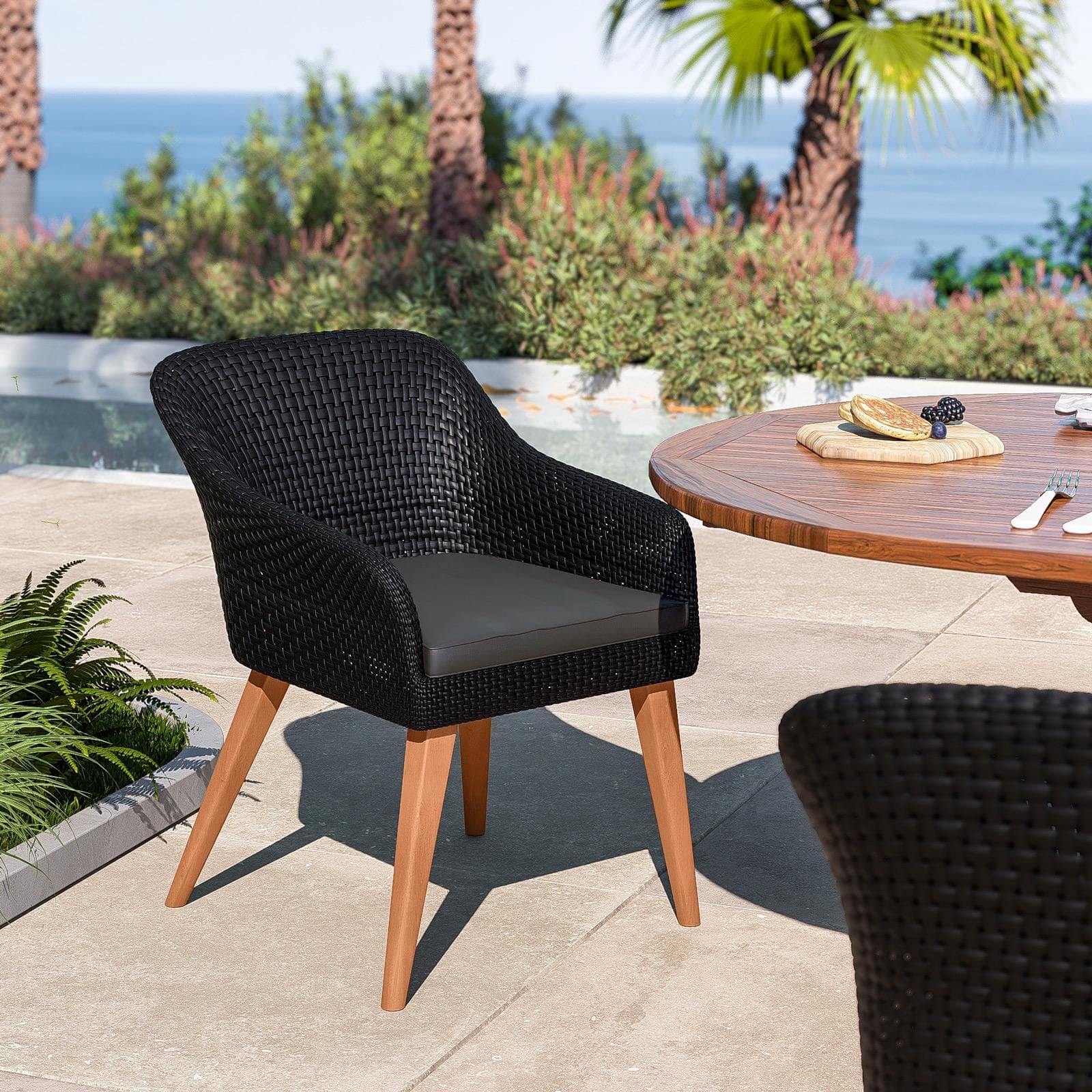 Set pranzo tavolo allungabile 180/240x120 cm e 4 poltrone in polyrattan nero e legno teak - Habanero