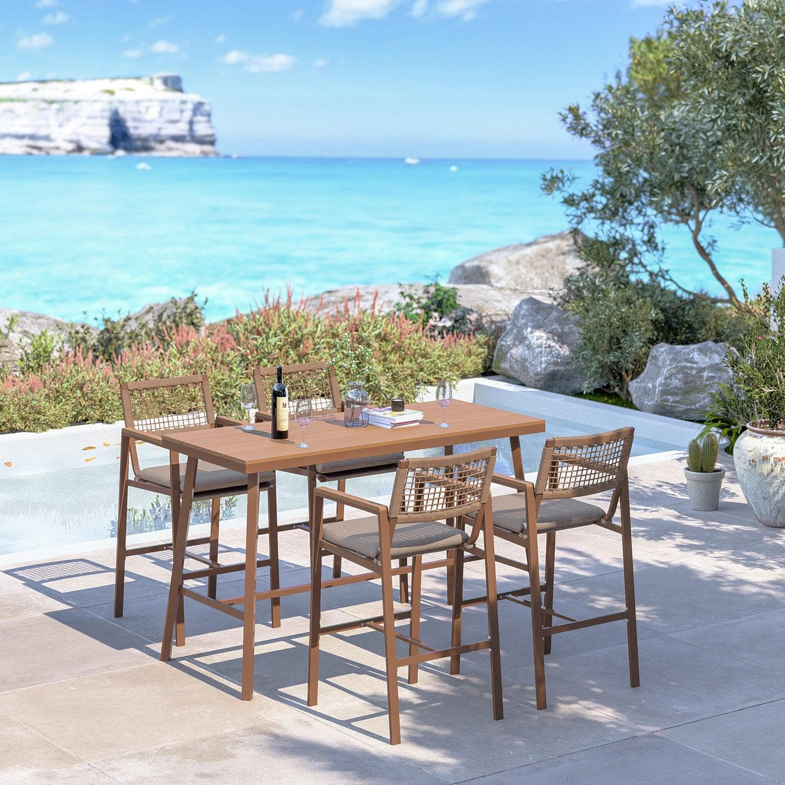 Set pranzo tavolo alto 160x70 cm e 4 sgabelli in metallo e corda cappuccino - Ibisco
