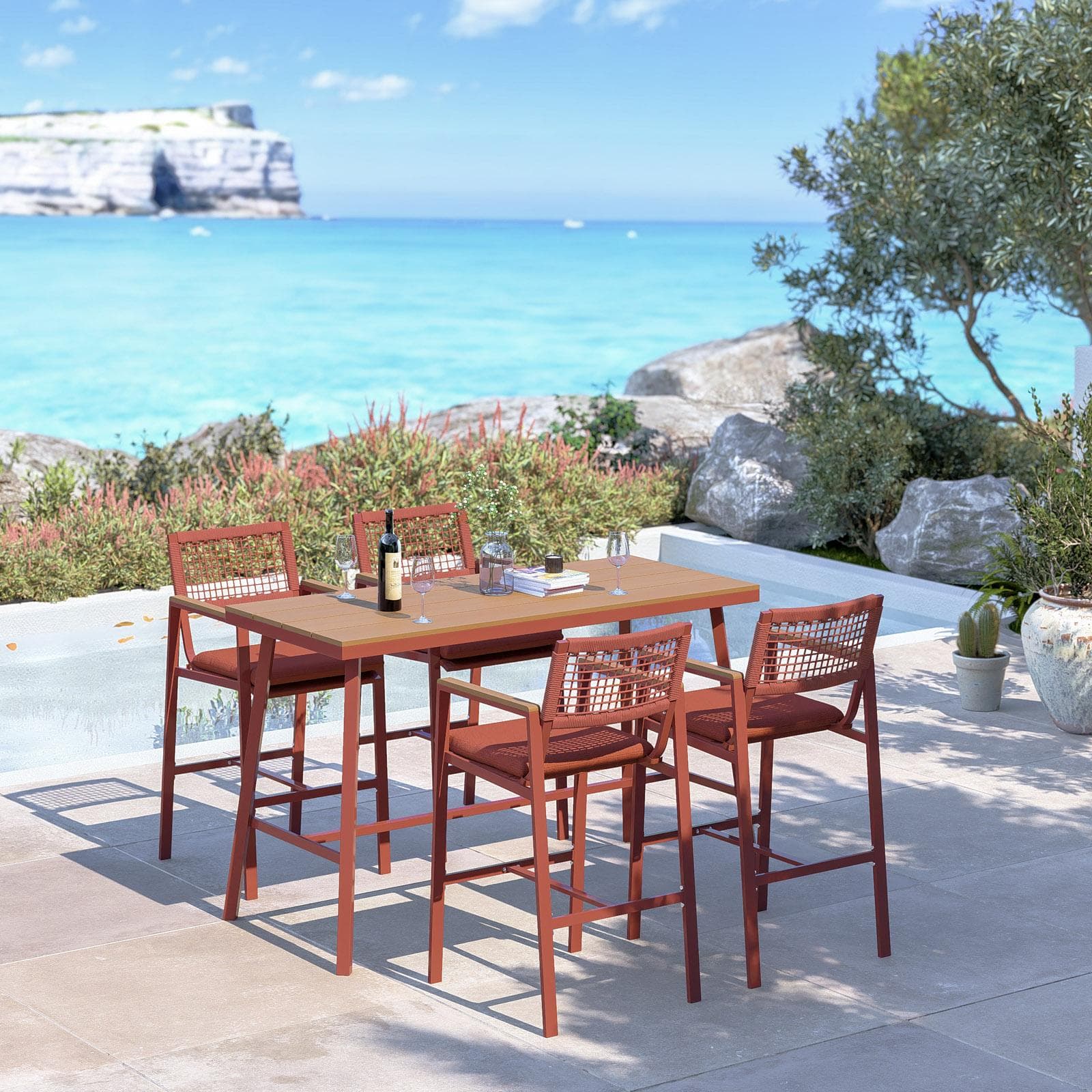 Set pranzo tavolo alto 160x70 cm e 4 sgabelli in metallo e corda terracotta - Ibisco