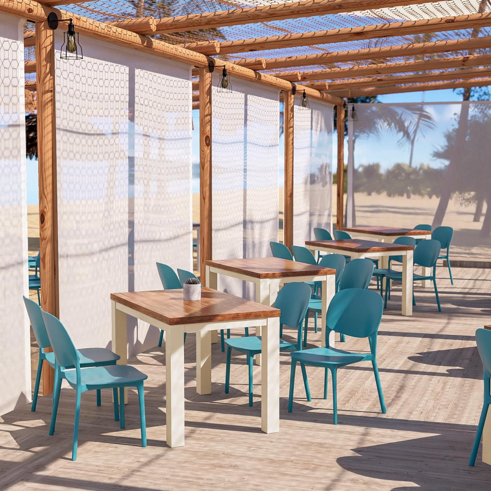 Set pranzo tavolo con piano in legno di acacia 115x70 cm e 4 sedie impilabili blu maldive - Paint